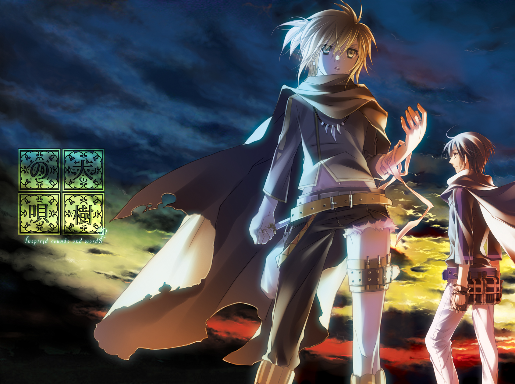 all_male, blonde_hair, blue_eyes, blue_hair, clouds, gloves, green_eyes, kagamine_len