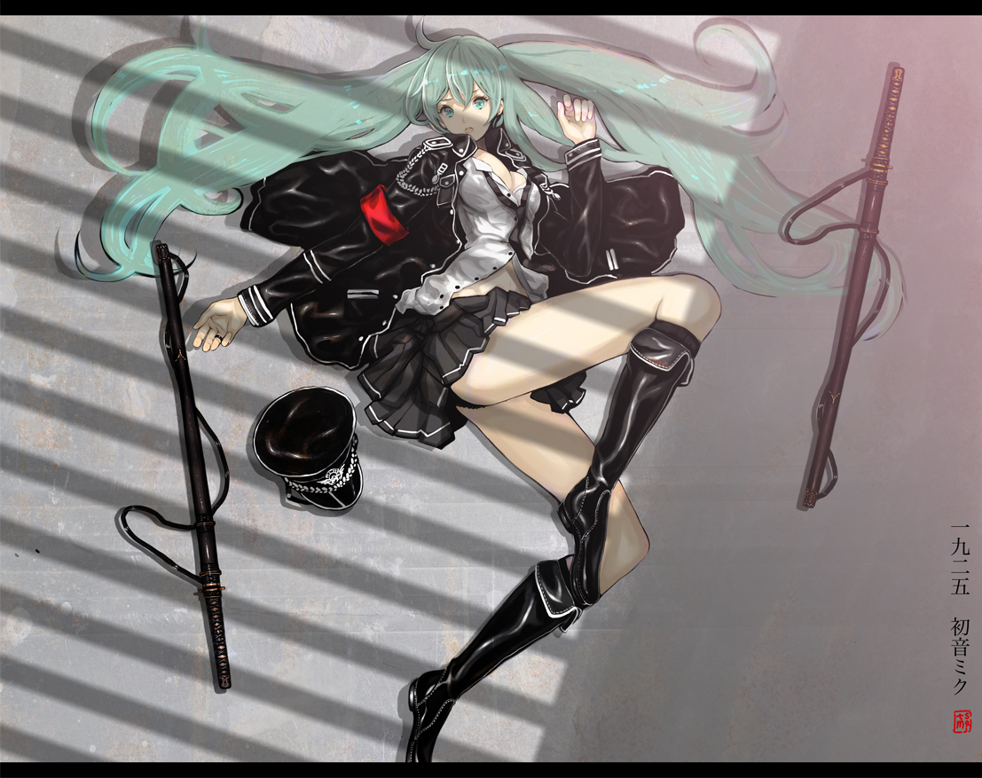 1925_(vocaloid), boots, breasts, cleavage, hat, hatsune_miku, saitom, school_uniform