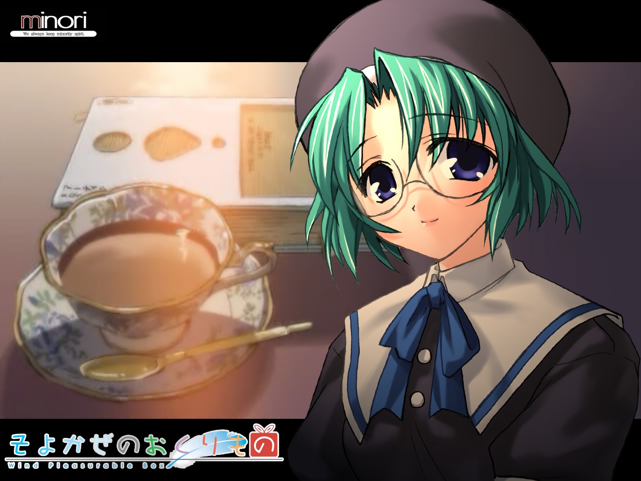 blue_eyes, fujimiya_wakaba, glasses, green_hair, hat, school_uniform, short_hair, wind:_a_breath_of_heart