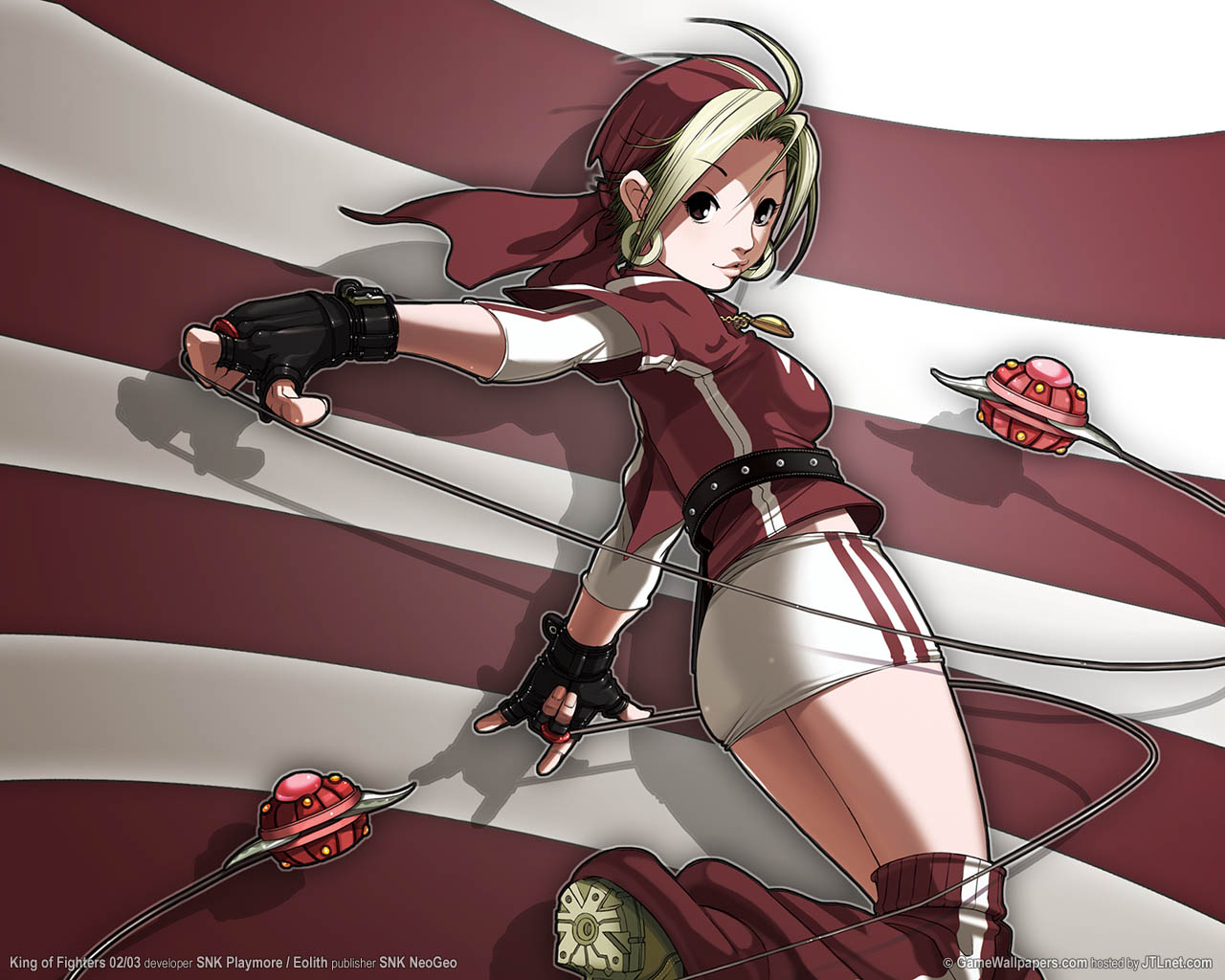 blonde_hair, brown_eyes, gloves, king_of_fighters, malin, weapon
