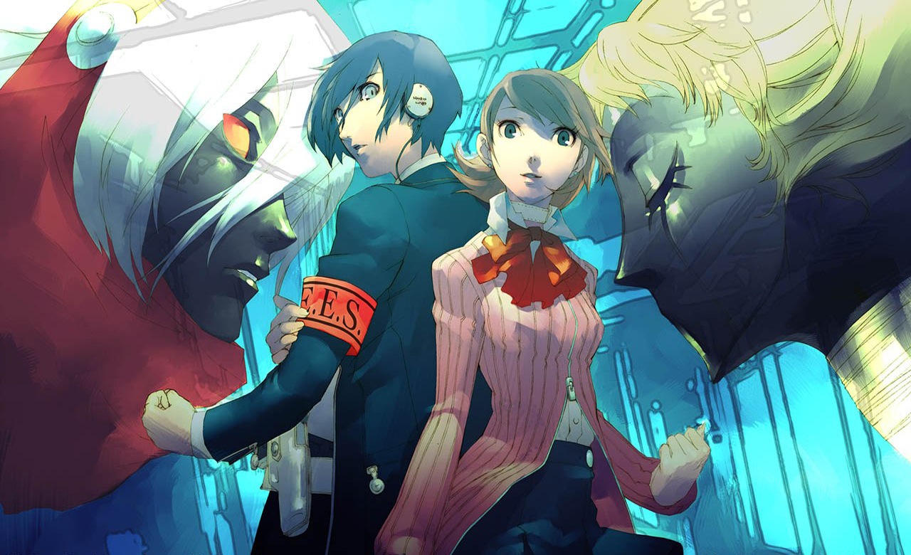 arisato_minato, headphones, jpeg_artifacts, persona, persona_3, soejima_shigenori, takeba_yukari