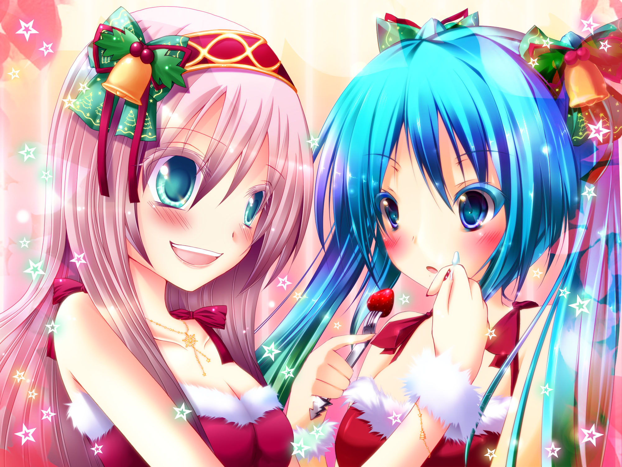 blue_eyes, blush, christmas, hatsune_miku, long_hair, megurine_luka, meiya_neon, twintails