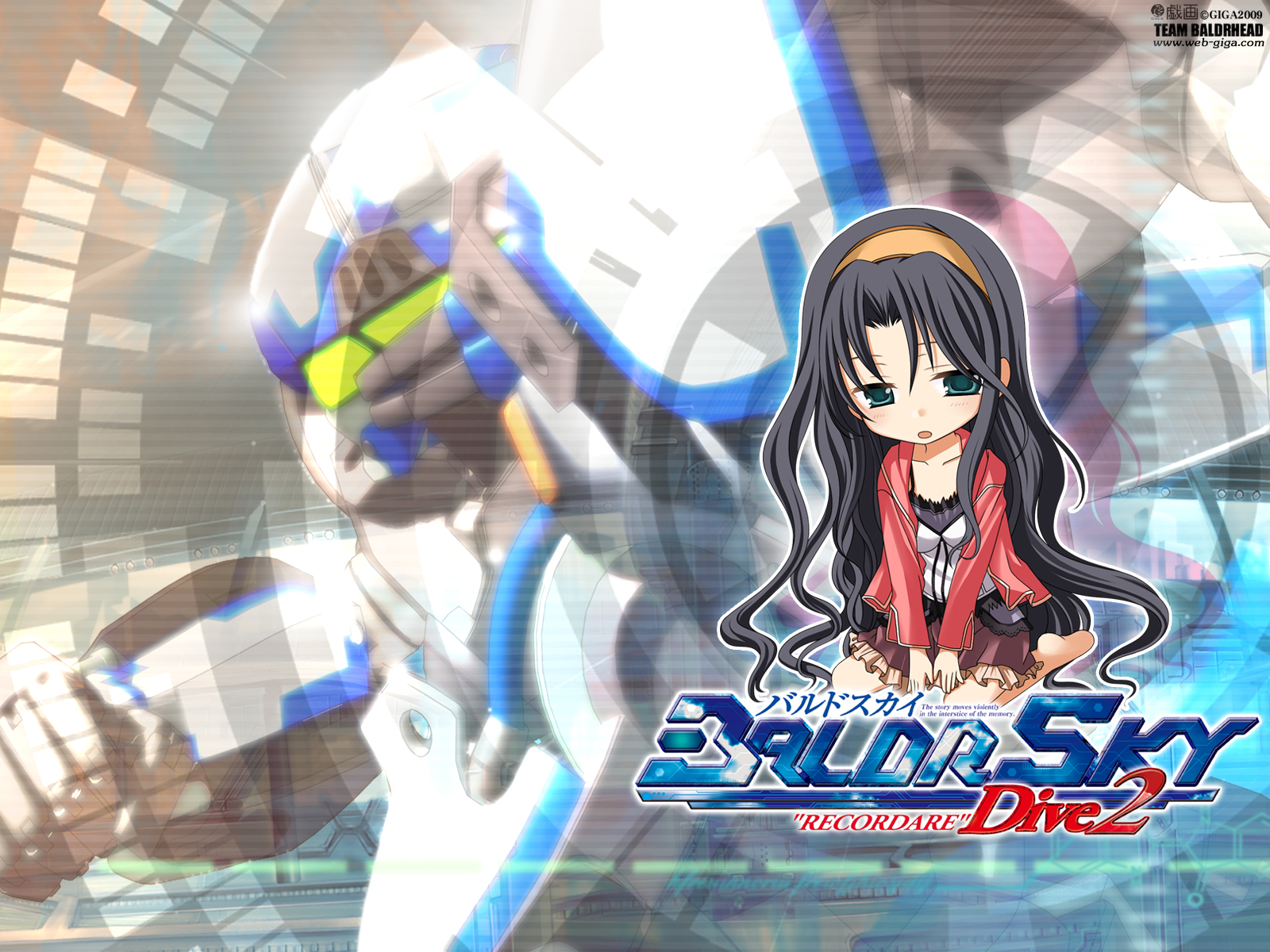baldr_sky, black_hair, chibi, green_eyes, long_hair, nishino_aki