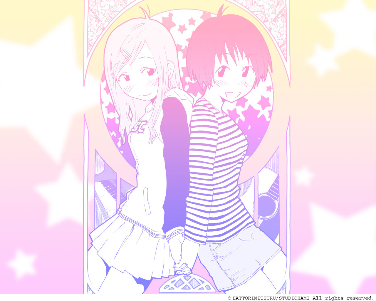 2girls, concerto, fukagawa_ino, hattori_mitsuru, monochrome, oosawa_hitomi, skirt, watermark