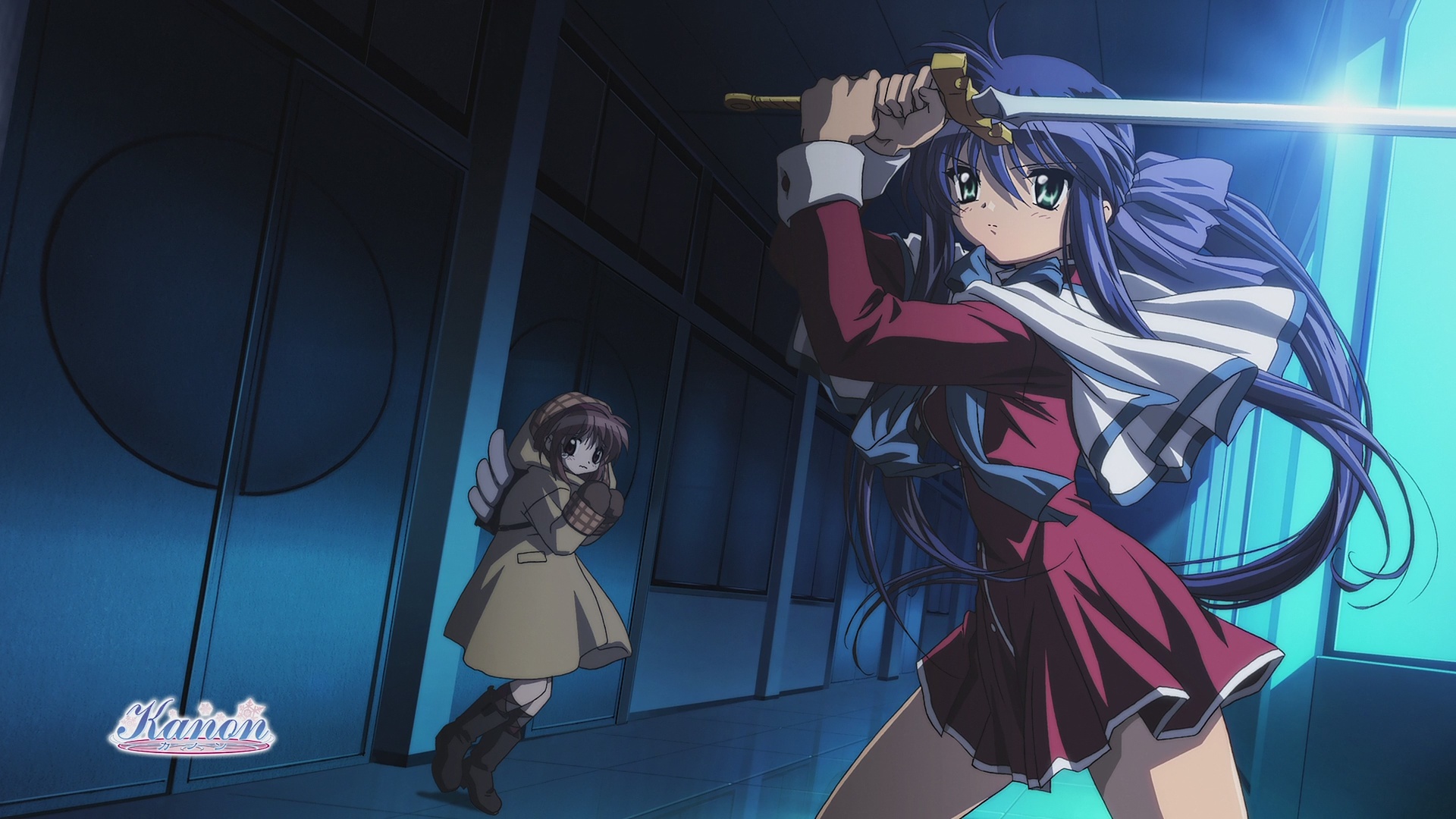 blue_hair, kanon, kawasumi_mai, school_uniform, sword, tsukimiya_ayu, weapon
