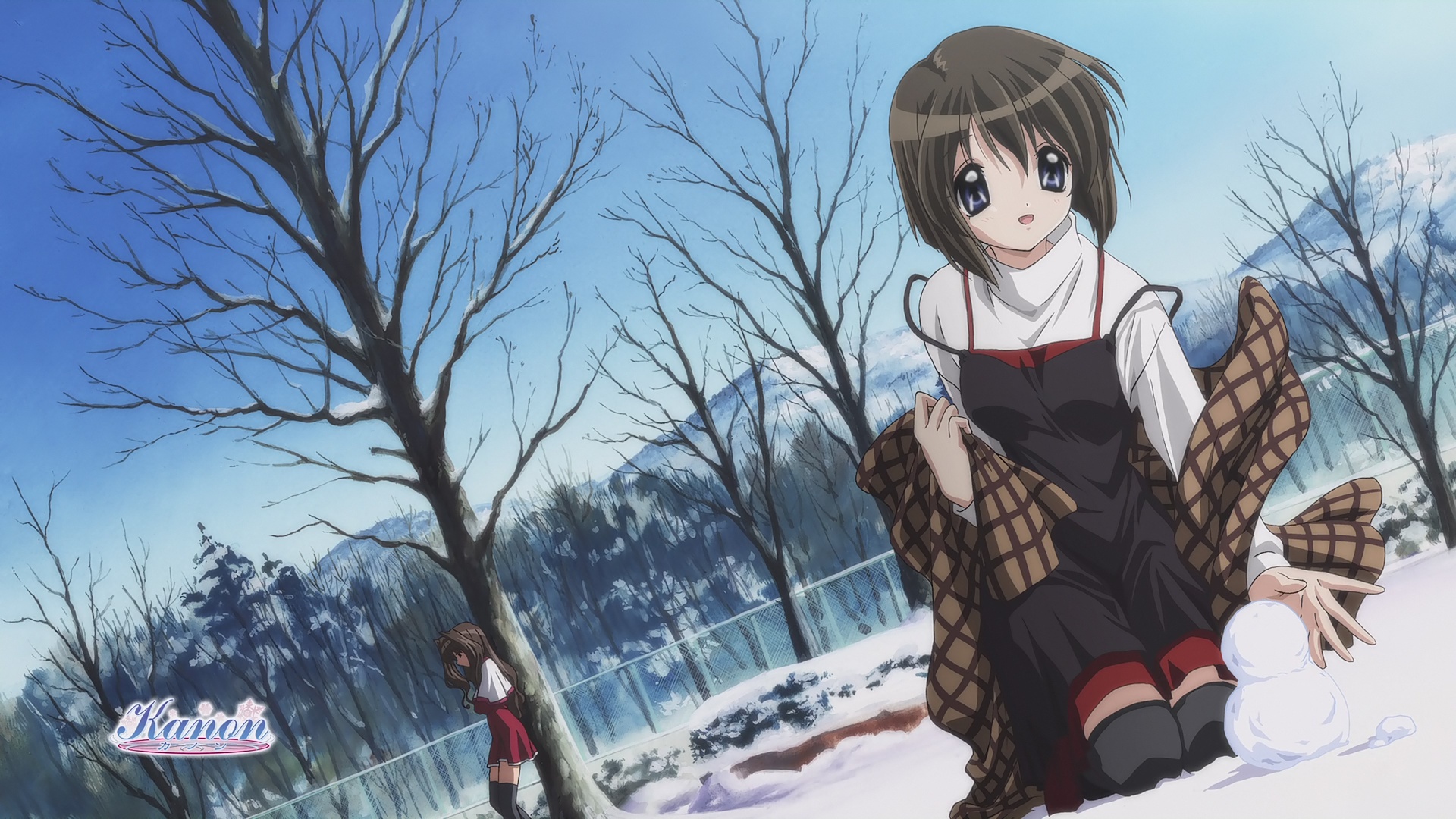 kanon, misaka_kaori, misaka_shiori, school_uniform, snow, snowman, thighhighs, winter