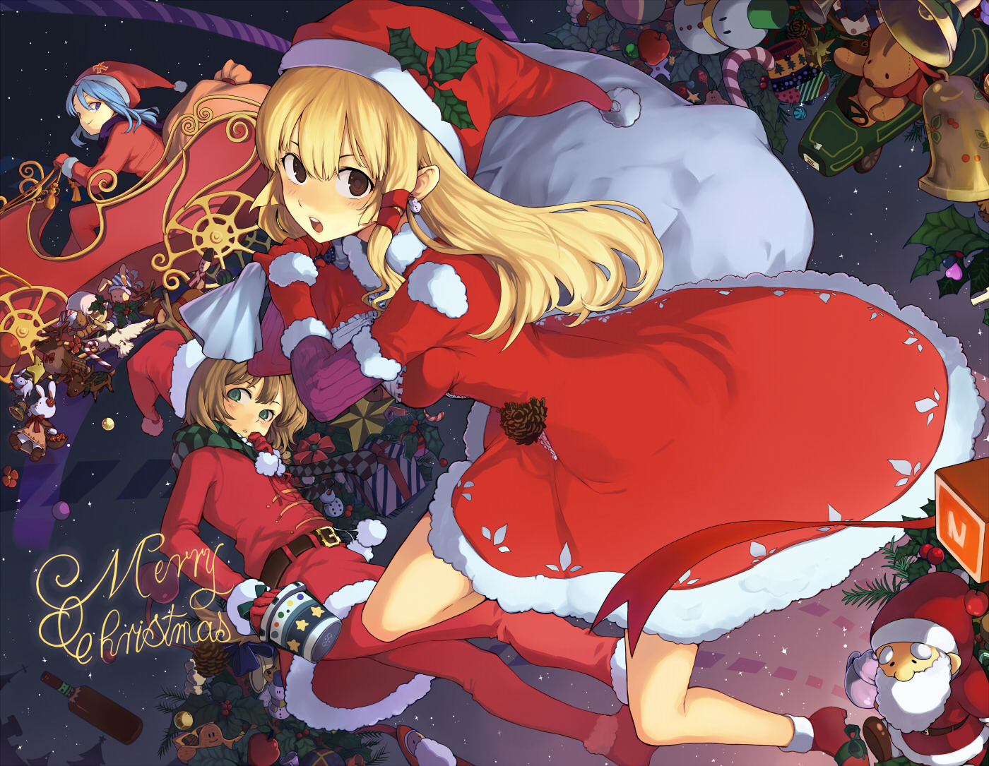 aki_(mare_desiderii), blonde_hair, blue_hair, brown_eyes, brown_hair, christmas, green_eyes, hat