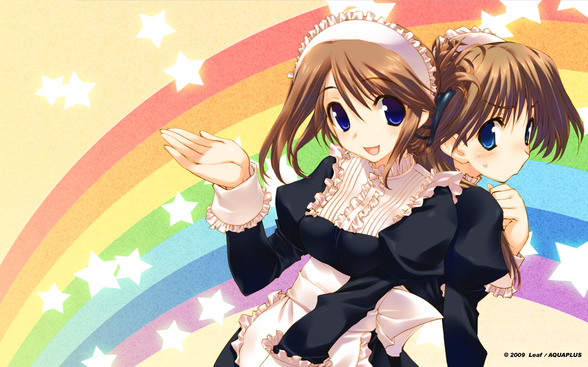 2girls, amaduyu_tatsuki, aquaplus, blush, komaki_ikuno, komaki_manaka, leaf, maid