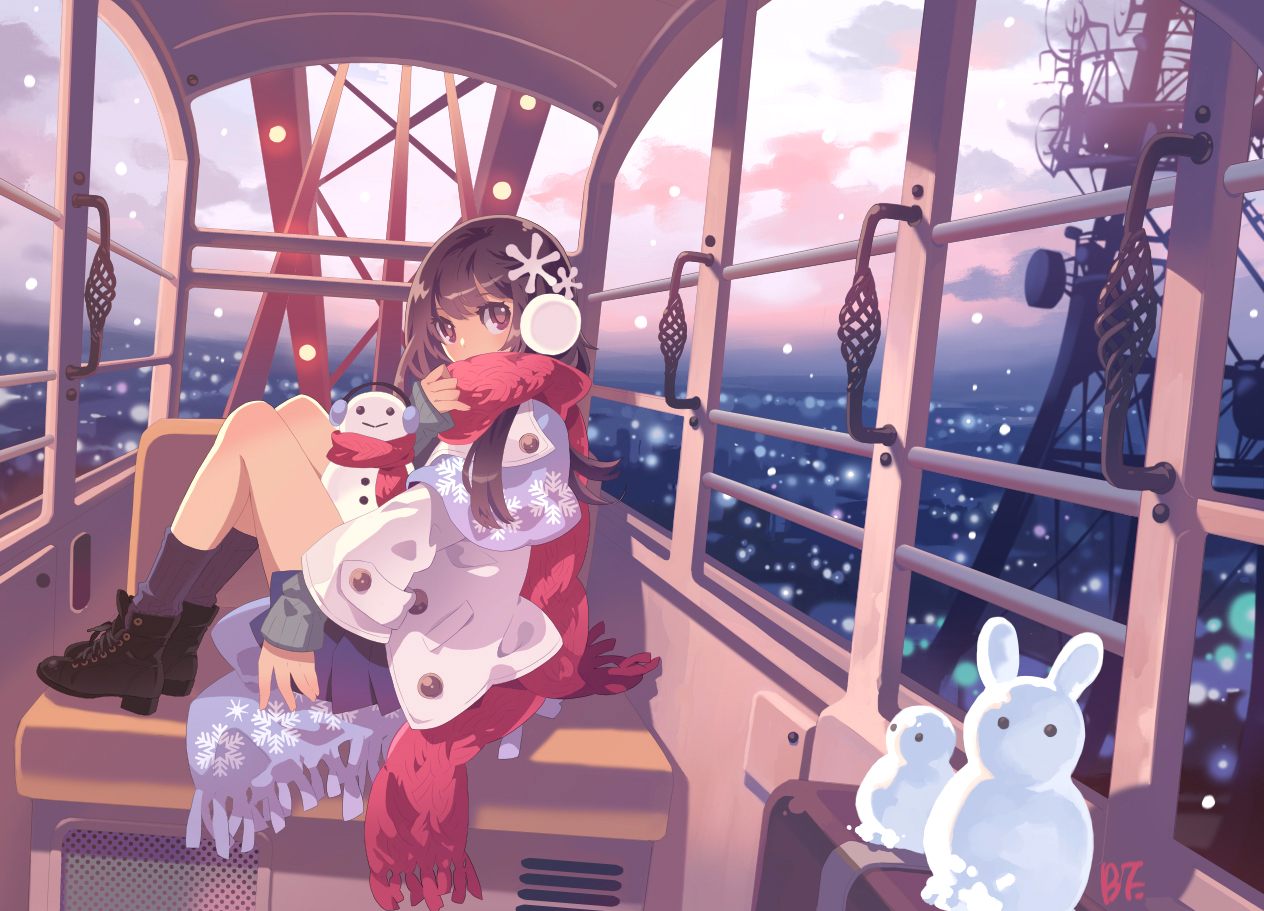 bf._(sogogiching), bf's_ok_farm, brown_eyes, brown_hair, bunny, original, scarf, signed, skirt, snow, snowman, socks, winter