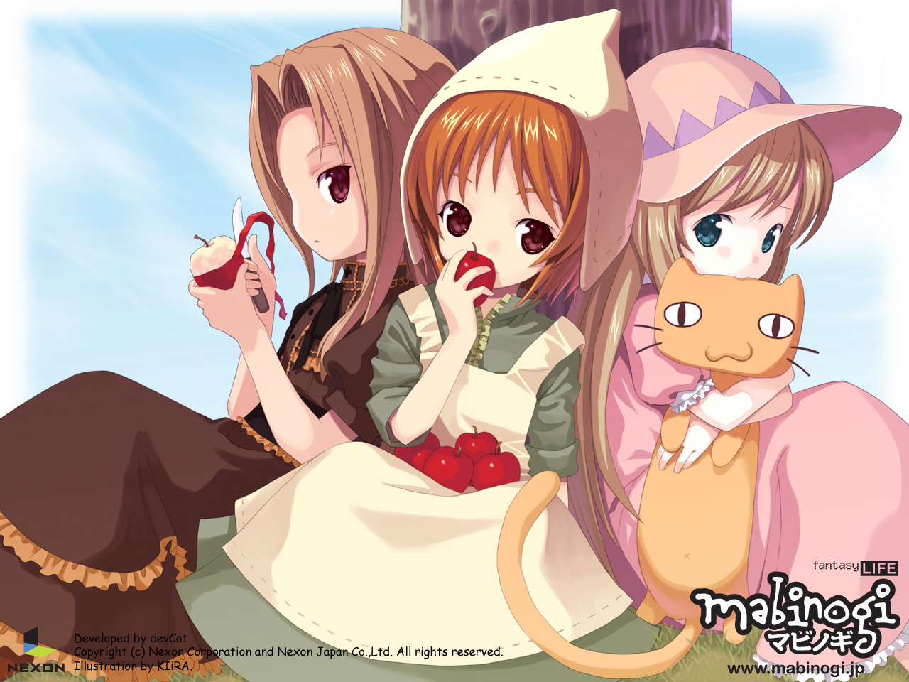 alissa, brown_eyes, brown_hair, fleta, food, green_eyes, hat, ibbie, kiira, mabinogi, sky
