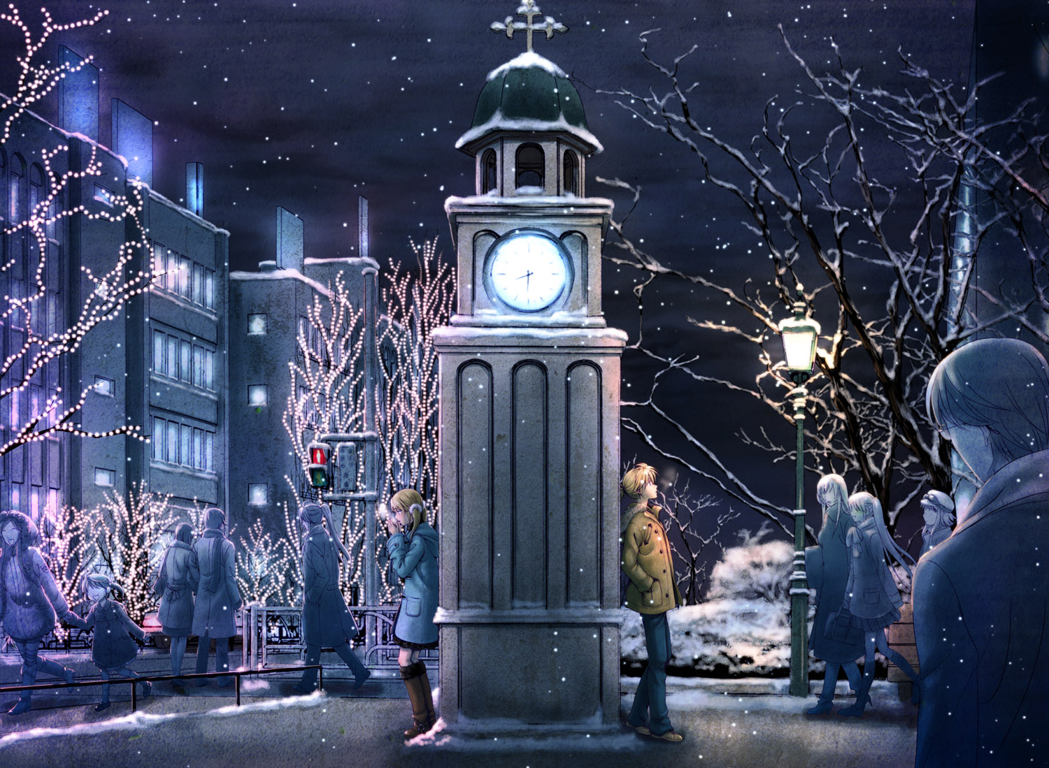 building, city, group, gumi, hatsune_miku, hiyama_kiyoteru, kaai_yuki, kagamine_len, kagamine_rin, kaito, kamui_gakupo, male, megurine_luka, meiko, miki_(vocaloid), night, paraiso, park, snow, twintails, vocaloid, winter