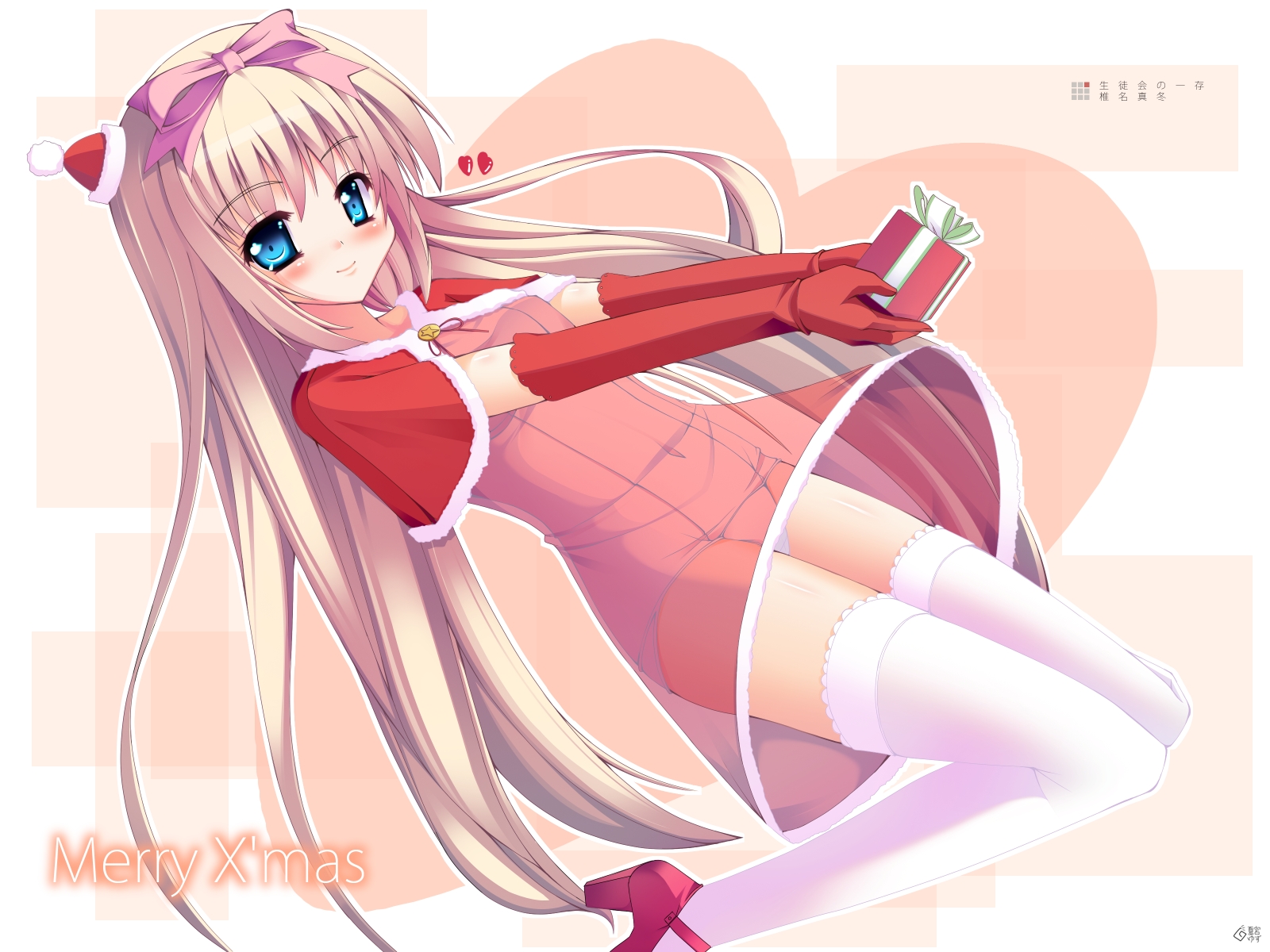 aqua_eyes, blonde_hair, christmas, elbow_gloves, gloves, long_hair, natsumiya_yuzu, ribbons, school_swimsuit, seitokai_no_ichizon, shiina_mafuyu, swimsuit, thighhighs