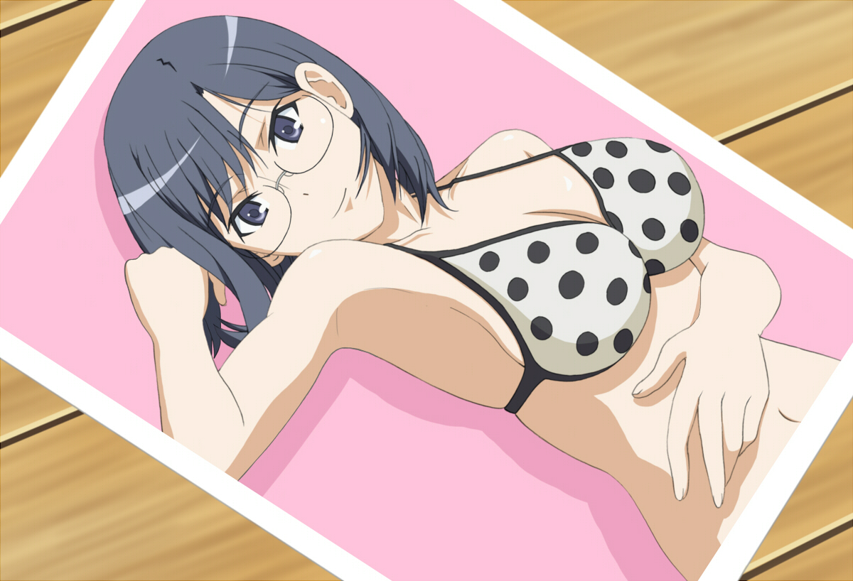 bikini, black_hair, blue_eyes, breasts, cleavage, glasses, konori_mii, navel