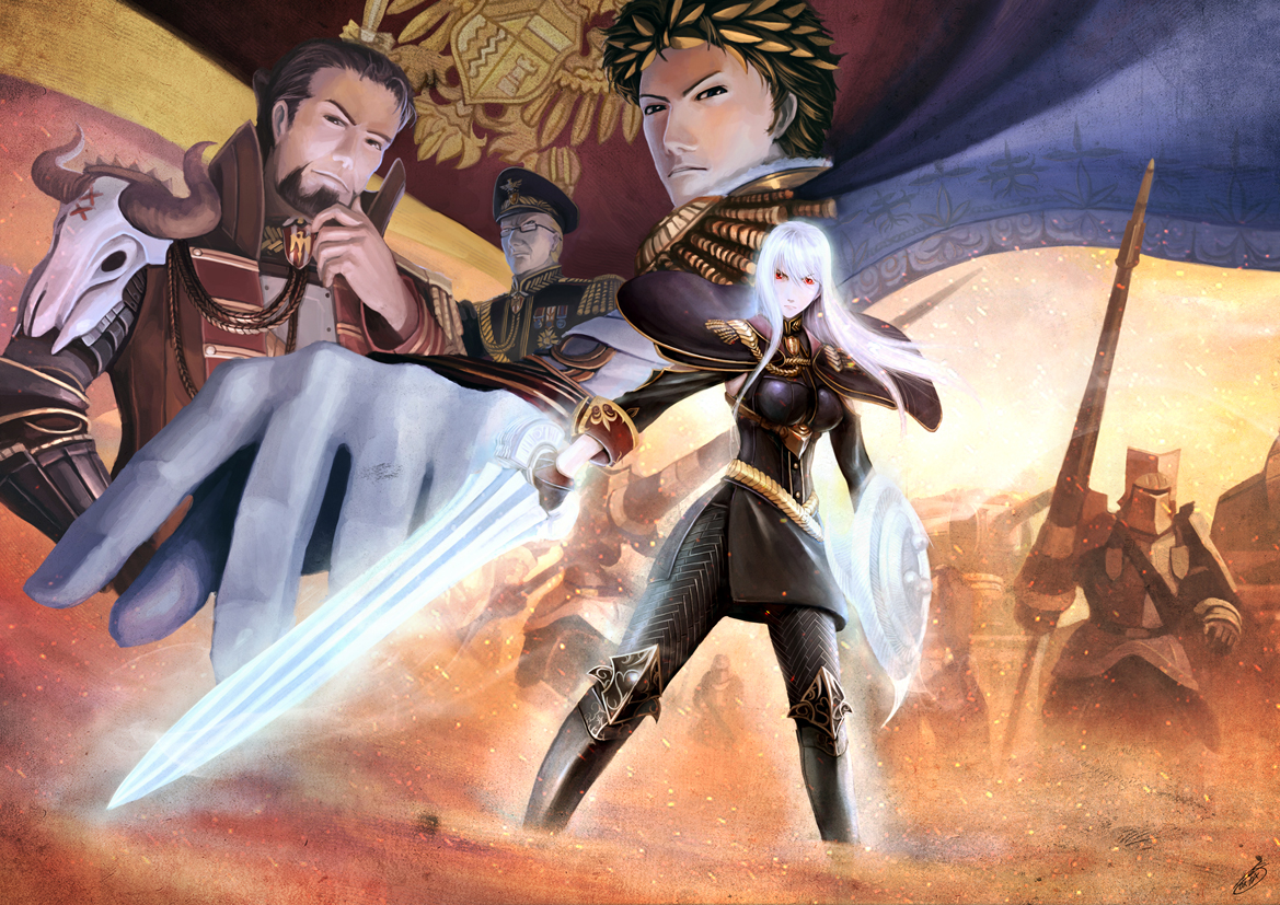 armor, berthold_gregor, black_hair, glasses, magic, maximilian, radi_yaeger, red_eyes, selvaria_bles, senjou_no_valkyria, signed, spear, sword, weapon, white_hair