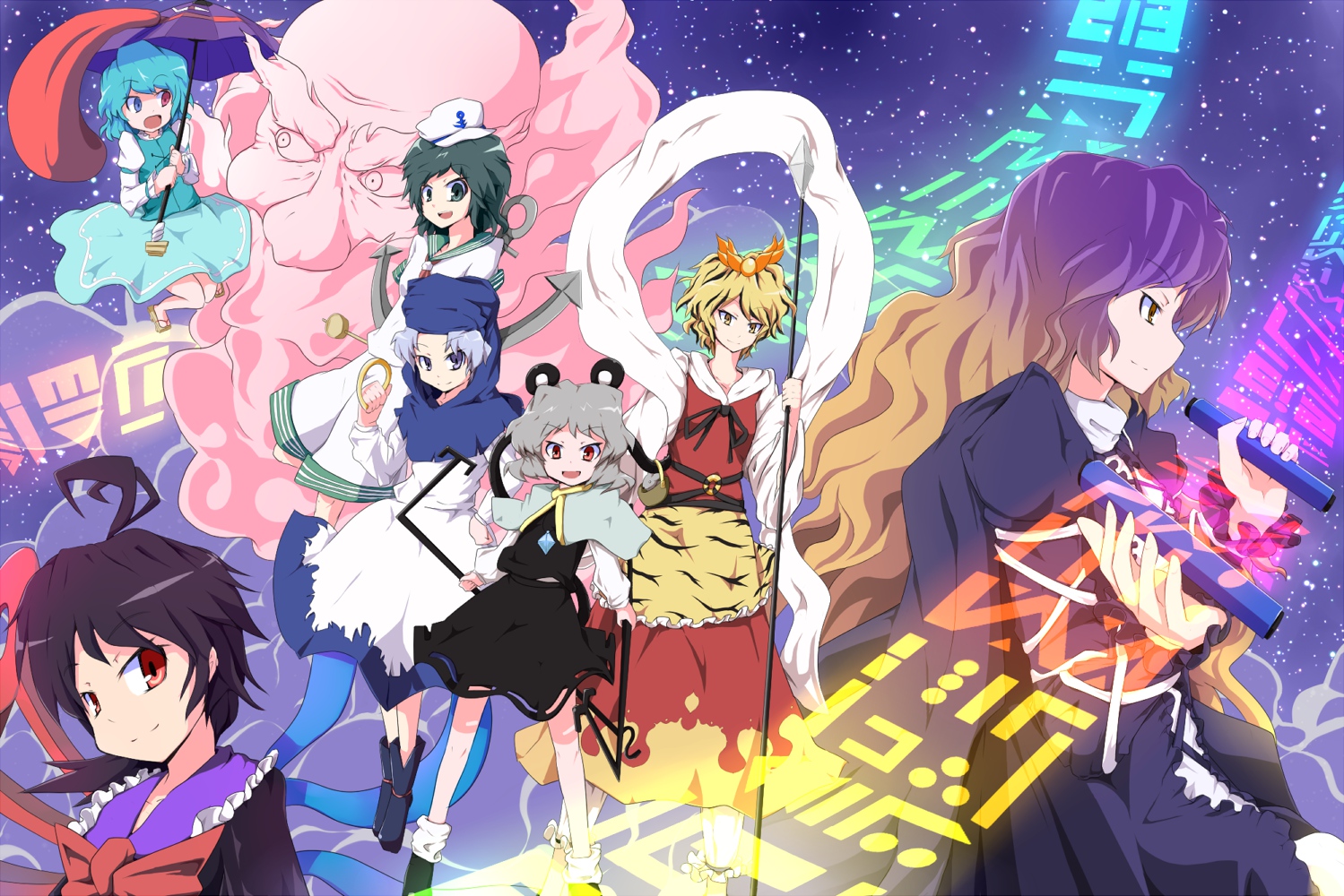 aho, animal_ears, bicolored_eyes, black_hair, blonde_hair, blue_eyes, blue_hair, brown_eyes