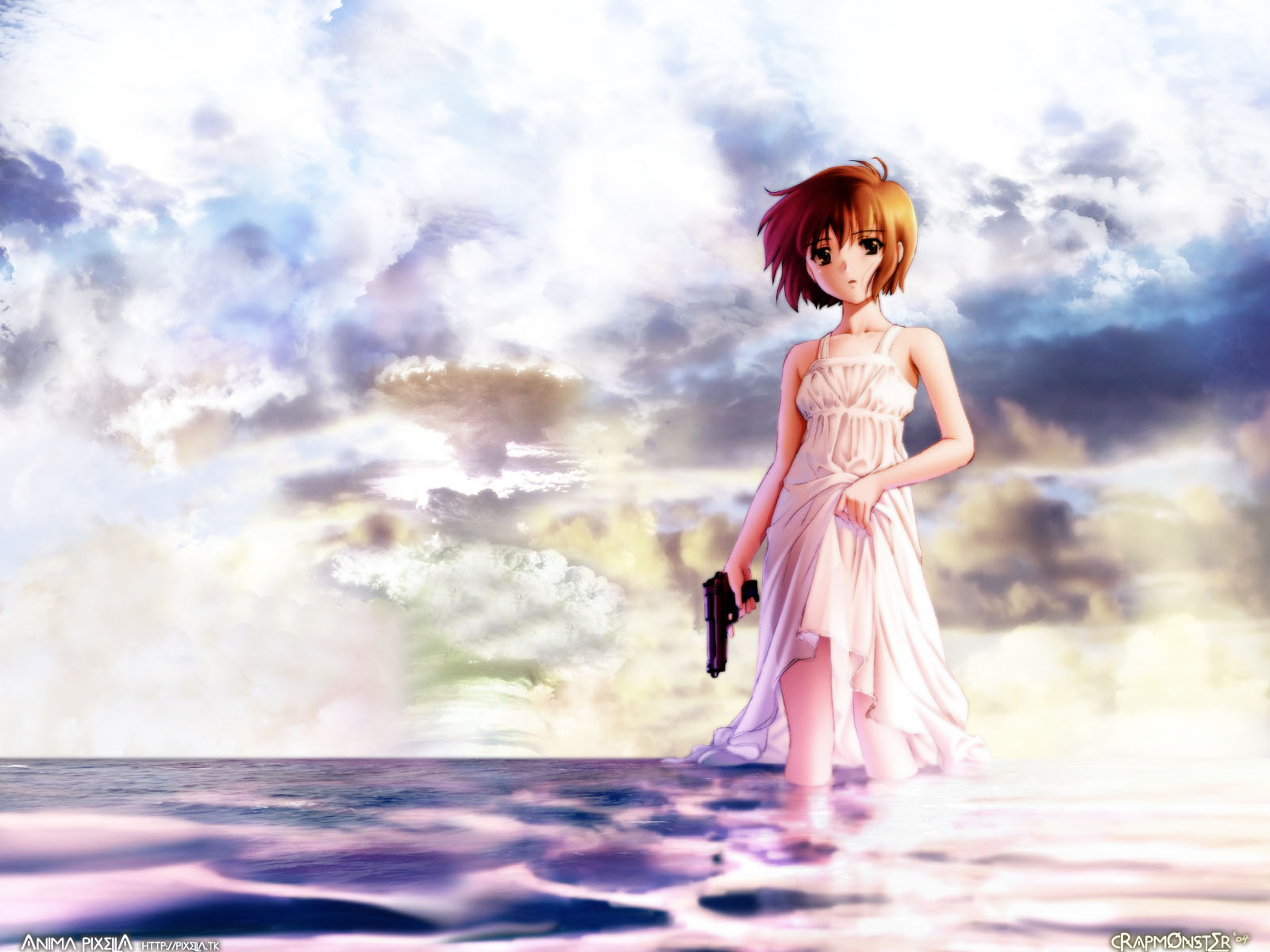 brown_hair, gun, noir, short_hair, sky, water, weapon, yuumura_kirika