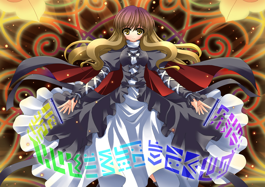blush, brown_hair, cape, dress, hijiri_byakuren, long_hair, purple_hair, rappa_(rappaya), touhou, yellow_eyes