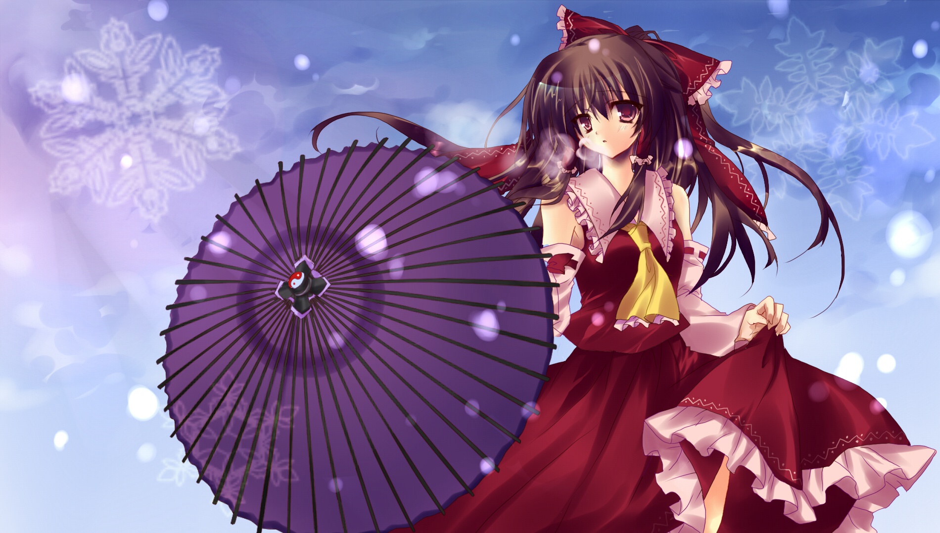 bow, brown_hair, hakurei_reimu, japanese_clothes, kiseri_momo, long_hair, miko, sky, snow, touhou, umbrella