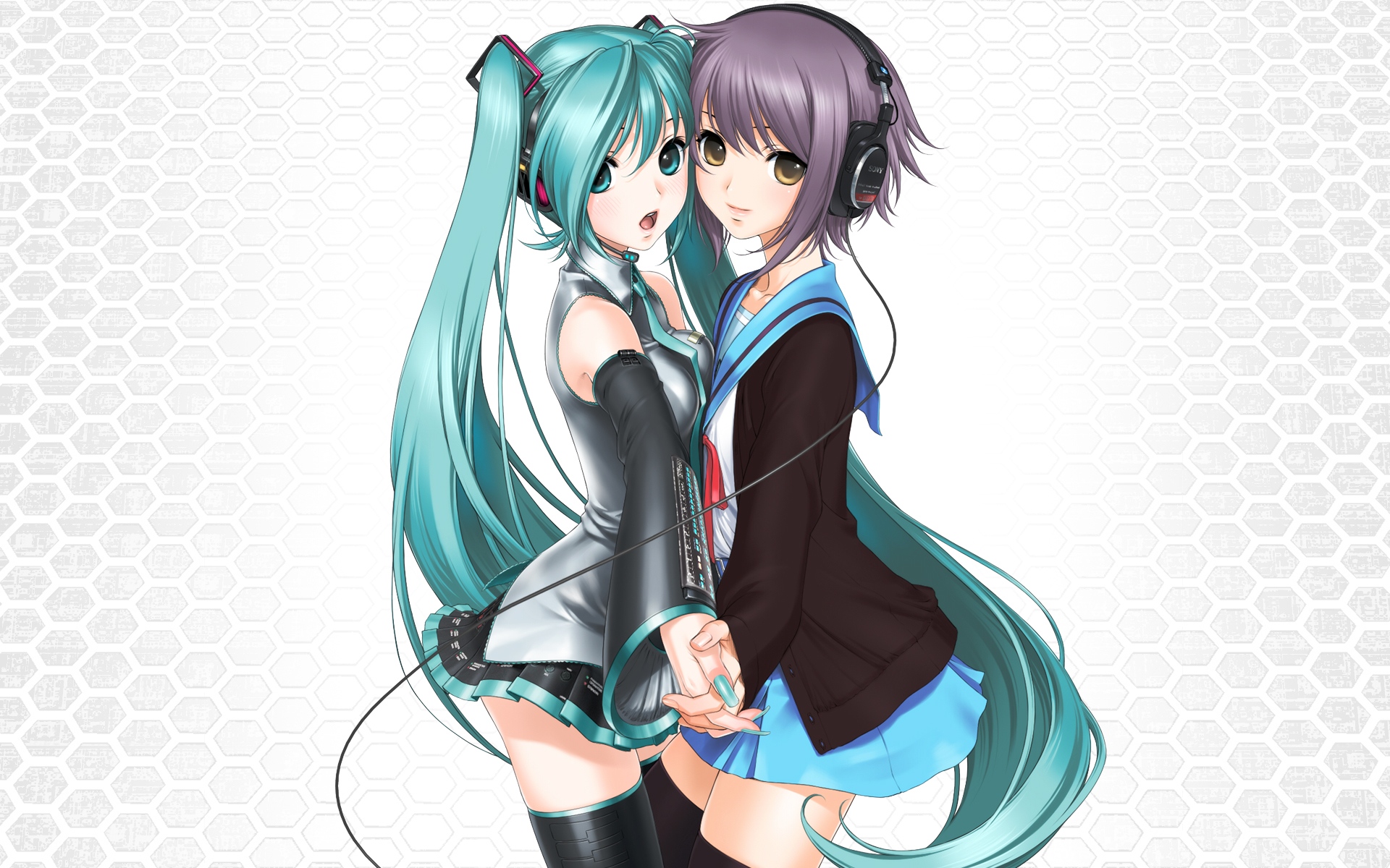 crossover, hatsune_miku, headphones, nagato_yuki, sano_toshihide, suzumiya_haruhi_no_yuutsu, twintails, vocaloid, white
