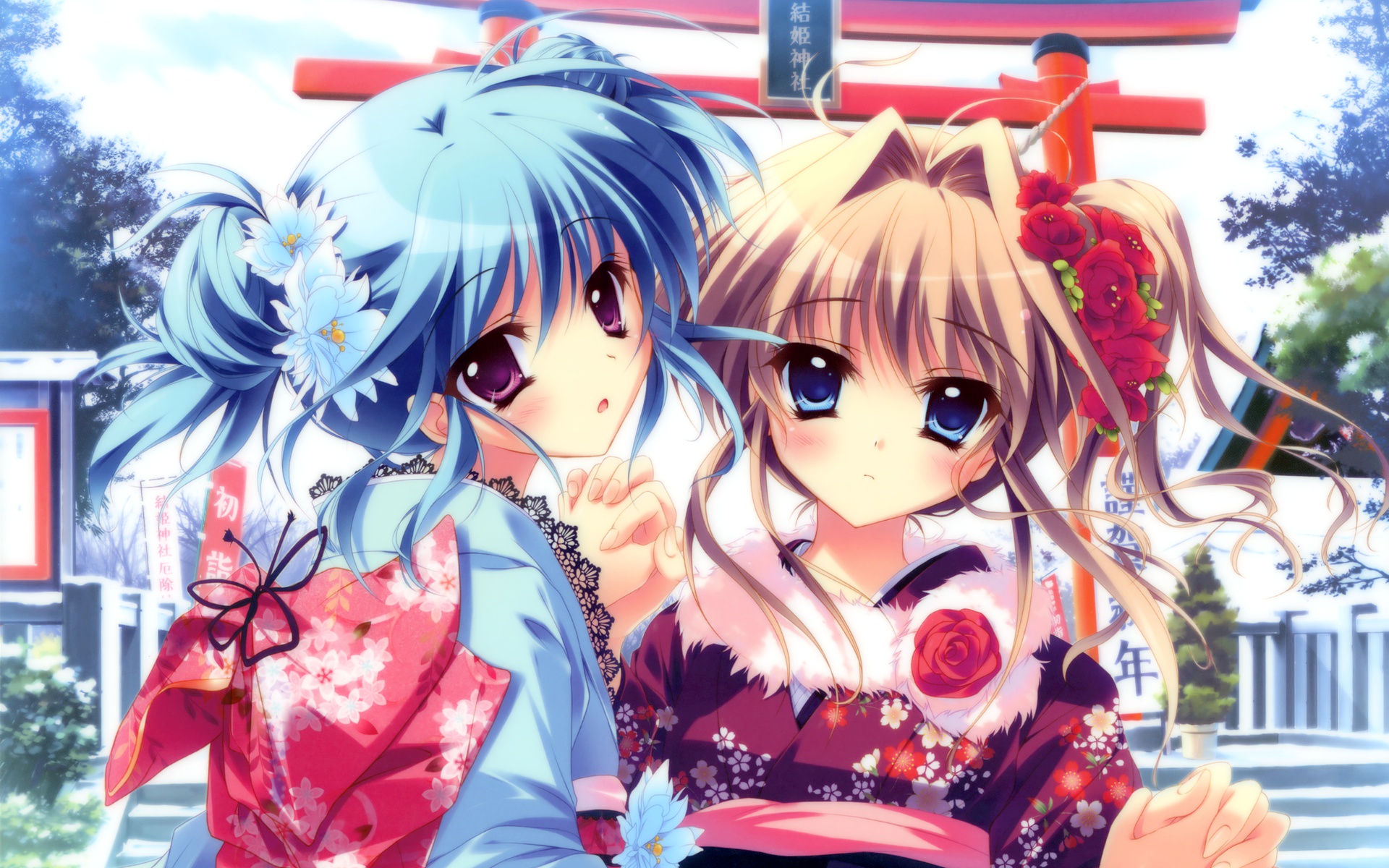 2girls, blue_eyes, blue_hair, blush, brown_hair, izumi_tsubasu, japanese_clothes, kimono, mashiroiro_symphony, purple_eyes, sena_airi, uryu_sakuno