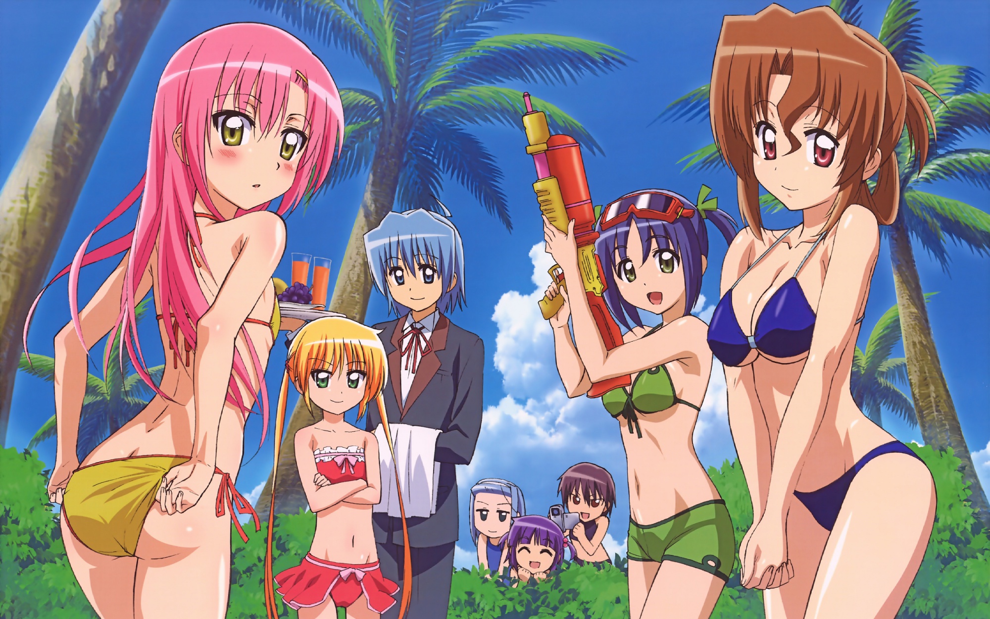 asakaze_risa, ayasaki_hayate, bikini, blush, breasts, cleavage, group, hanabishi_miki, hayate_no_gotoku, katsura_hinagiku, male, maria_(hayate_no_gotoku), nishizawa_ayumu, sanzenin_nagi, scan, segawa_izumi, swimsuit