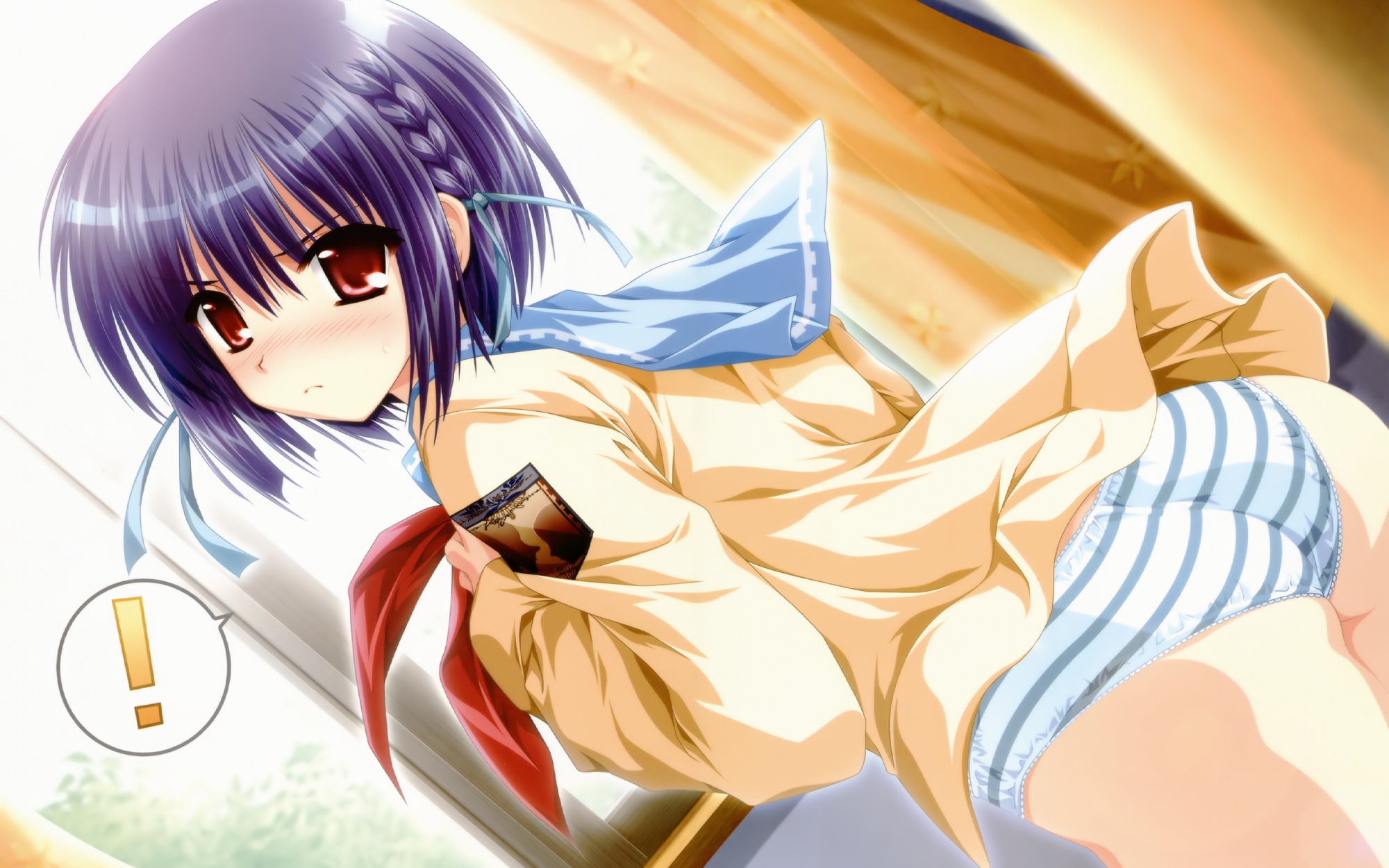 alpha_(alpha91), ass, black_hair, blush, oone_touka, panties, red_eyes, sharin_no_kuni_himawari_no_shoujo, short_hair, striped_panties, underwear