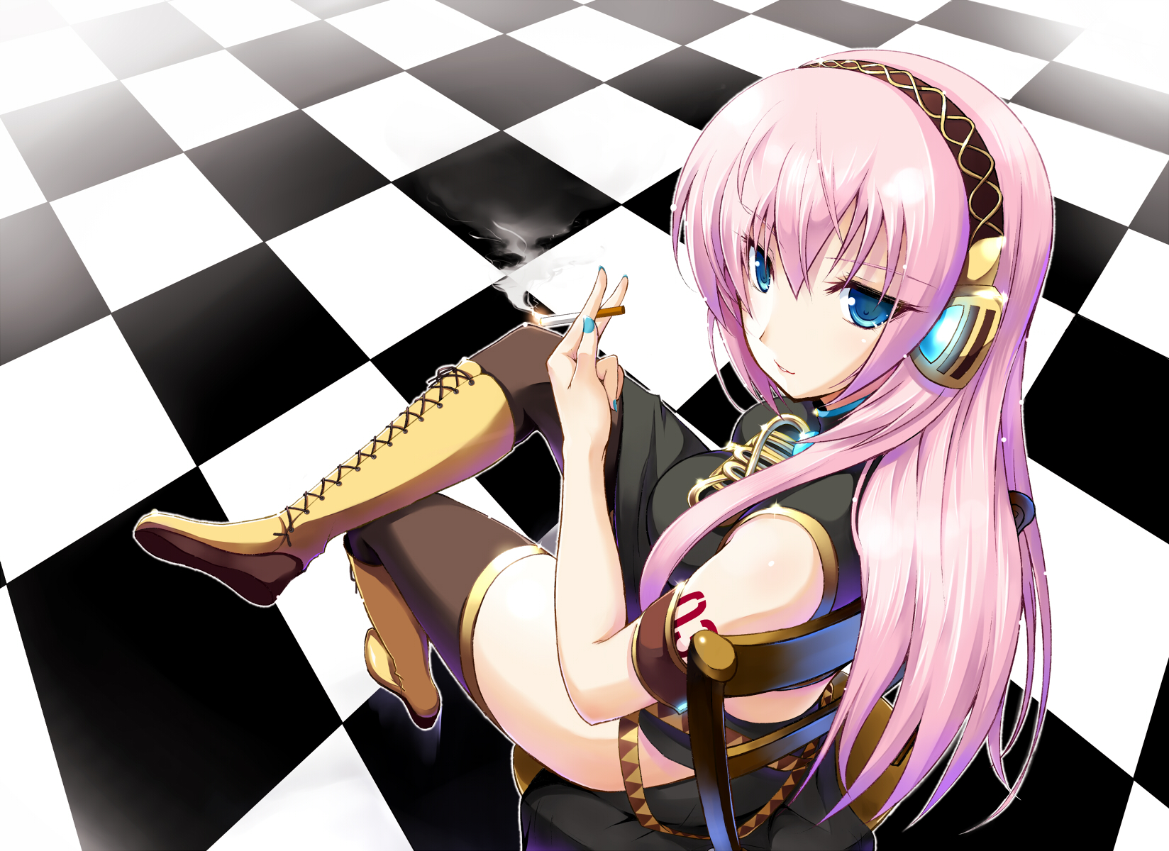 blue_eyes, boots, cigarette, headphones, megurine_luka, pink_hair, thighhighs, vocaloid