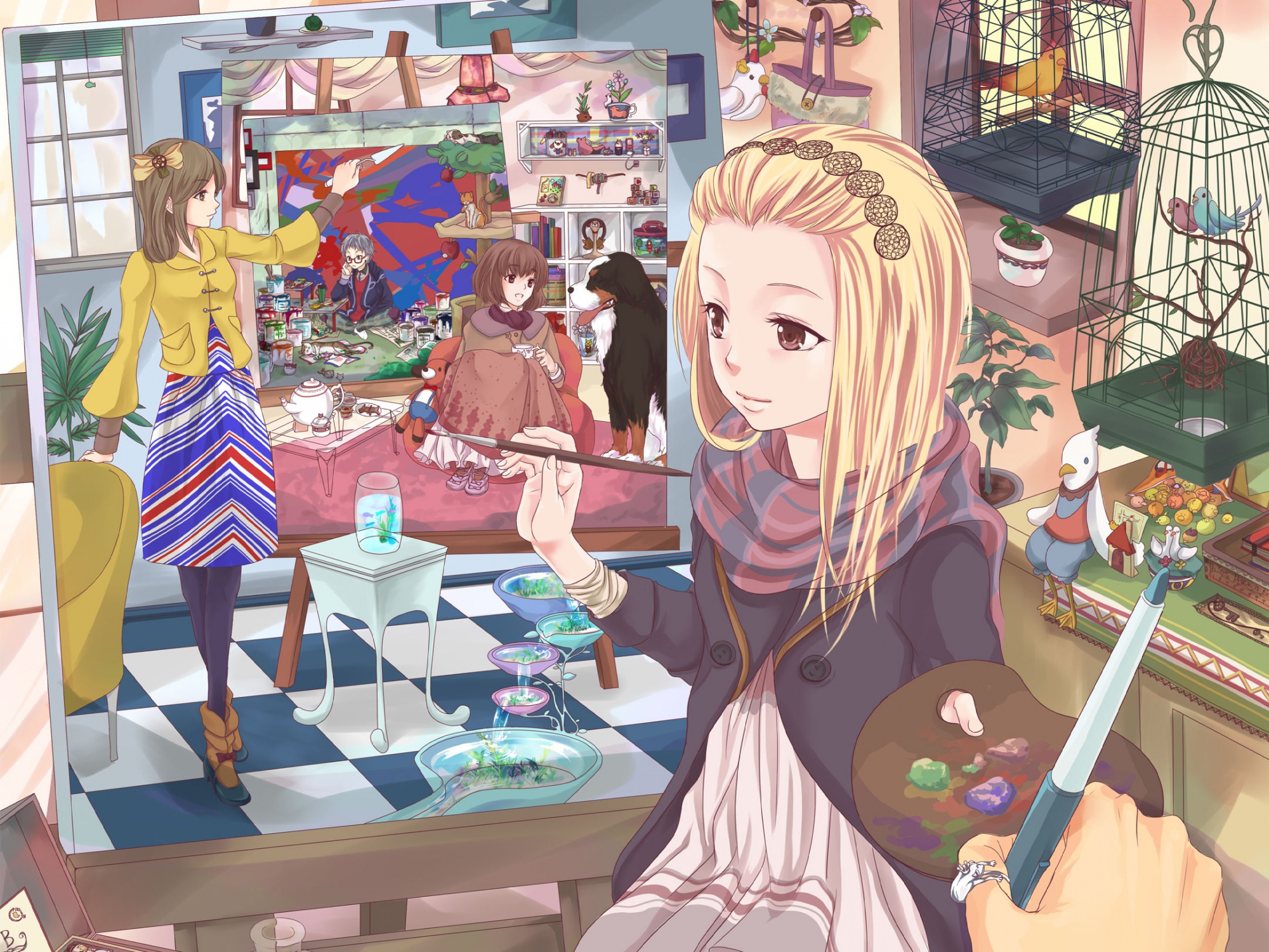animal, bird, blonde_hair, book, cage, cat, dog, dress, glasses, jpeg_artifacts, original, pantyhose, scarf, tagme, takesita, water