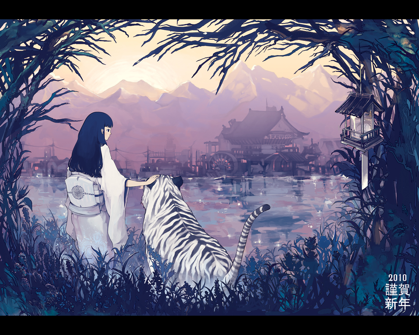animal, black_hair, building, city, isuzu, japanese_clothes, kimono, long_hair