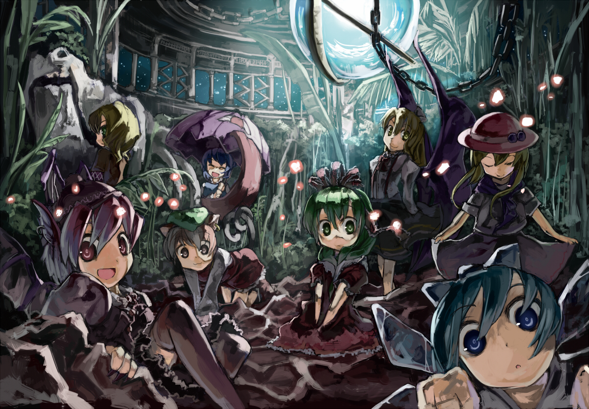 animal_ears, blonde_hair, blue_eyes, blue_hair, catgirl, chen, cirno, cusui