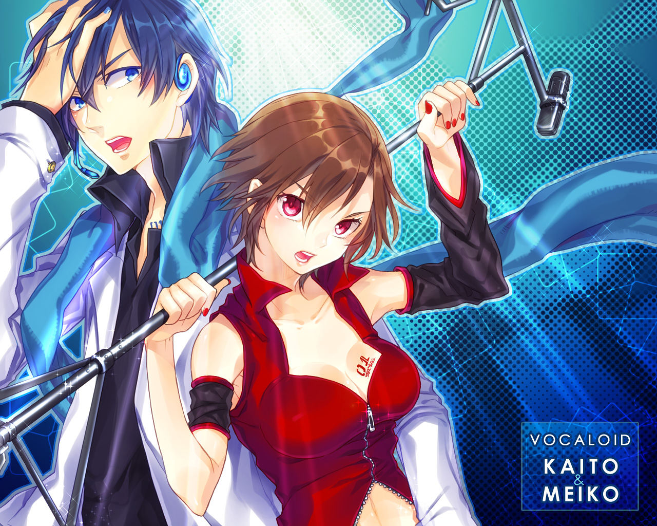blue_eyes, blue_hair, breasts, brown_hair, cleavage, jpeg_artifacts, kaito, male