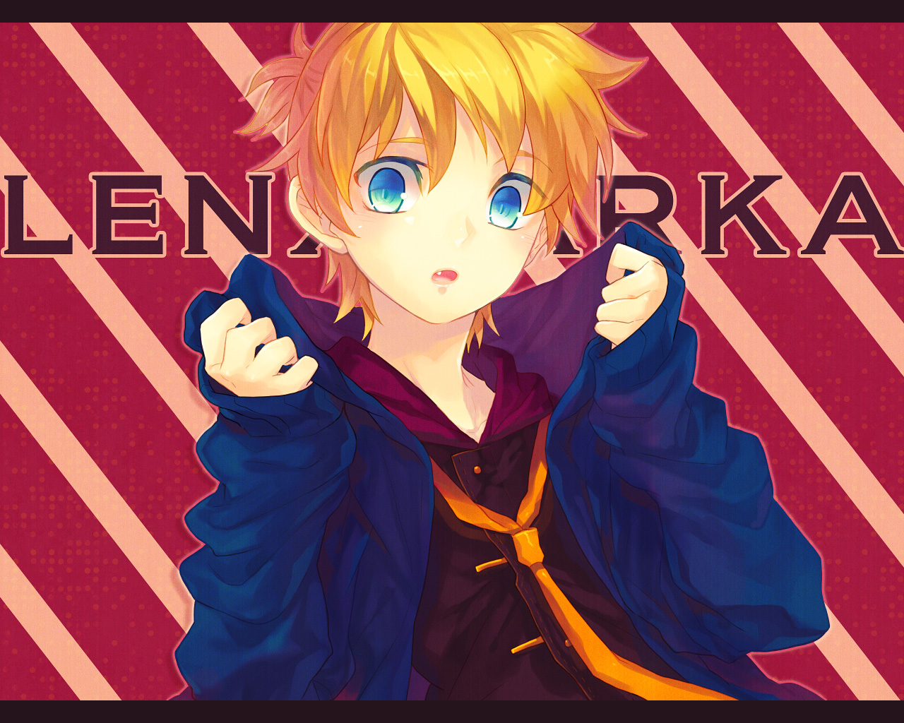 all_male, aqua_eyes, blonde_hair, fang, jpeg_artifacts, kagamine_len, male, renta_(deja-vu)