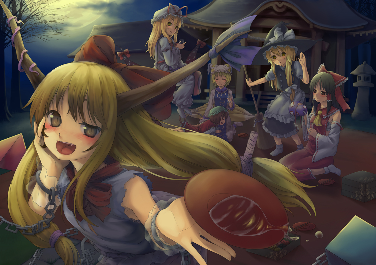 a0, animal_ears, black_hair, blonde_hair, blush, brown_eyes, brown_hair, catgirl, chen, clouds, dress, fang, foxgirl, hakurei_reimu, hat, horns, ibuki_suika, japanese_clothes, kirisame_marisa, long_hair, miko, moon, multiple_tails, night, ribbons, short_hair, sky, tail, touhou, witch, yakumo_ran, yakumo_yukari, yellow_eyes