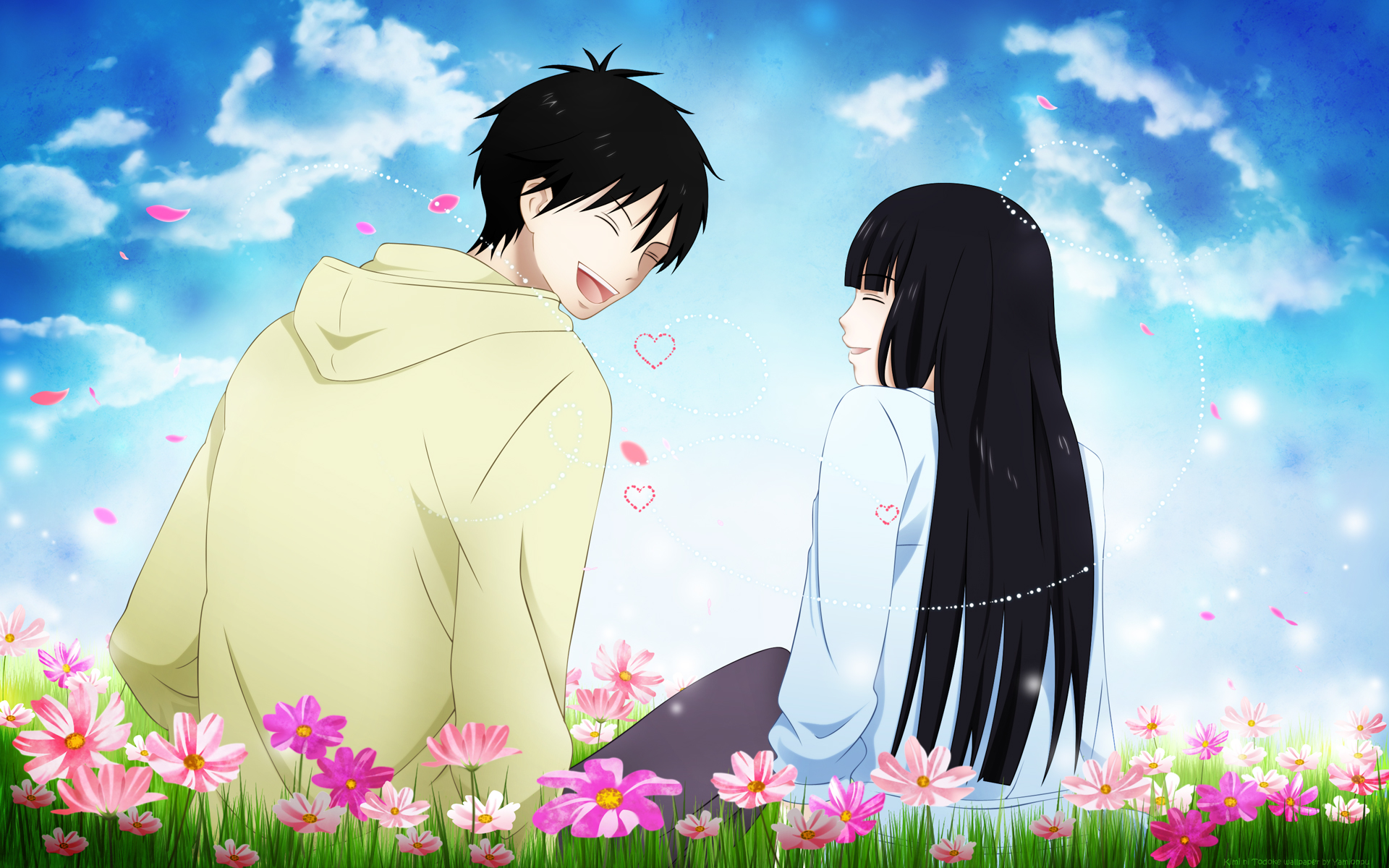 black, clouds, flowers, kazehaya_shouta, kimi_ni_todoke, kuronuma_sawako, petals, sky