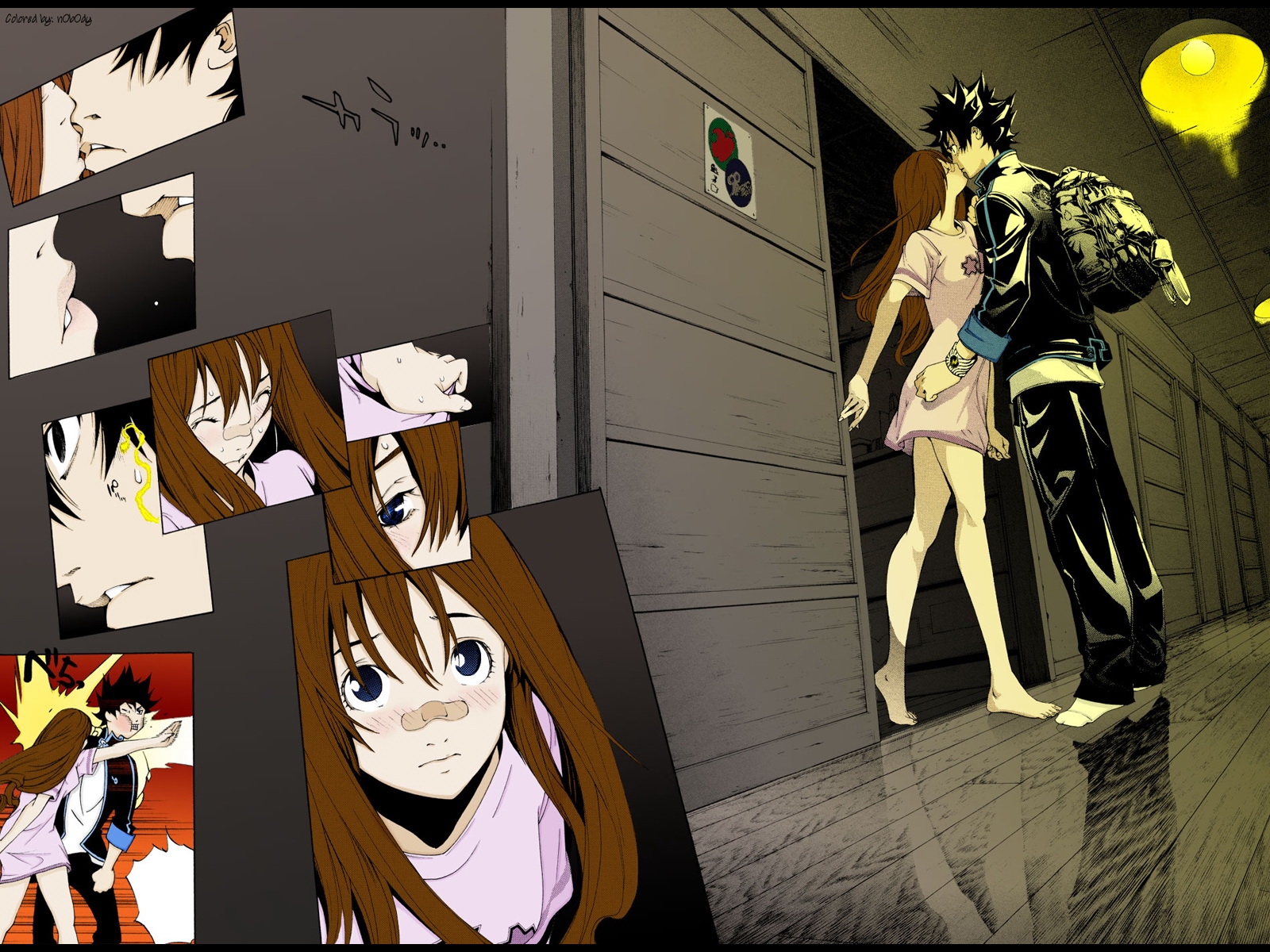 air_gear, bandaid, barefoot, black_eyes, black_hair, blue_eyes, blush, brown_hair, kiss, long_hair, male, minami_itsuki, noyamano_ringo, oh_great, short_hair, watermark, wristwear