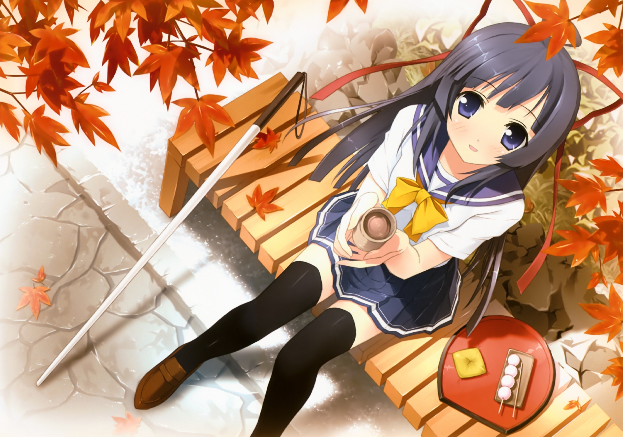 autumn, black_hair, blue_eyes, blush, bow, drink, food, kantoku, leaves, long_hair, ribbons, scan, school_uniform, skirt, sora_wo_tobu_mittsu_no_houhou, staff, suzushiro_akari, thighhighs