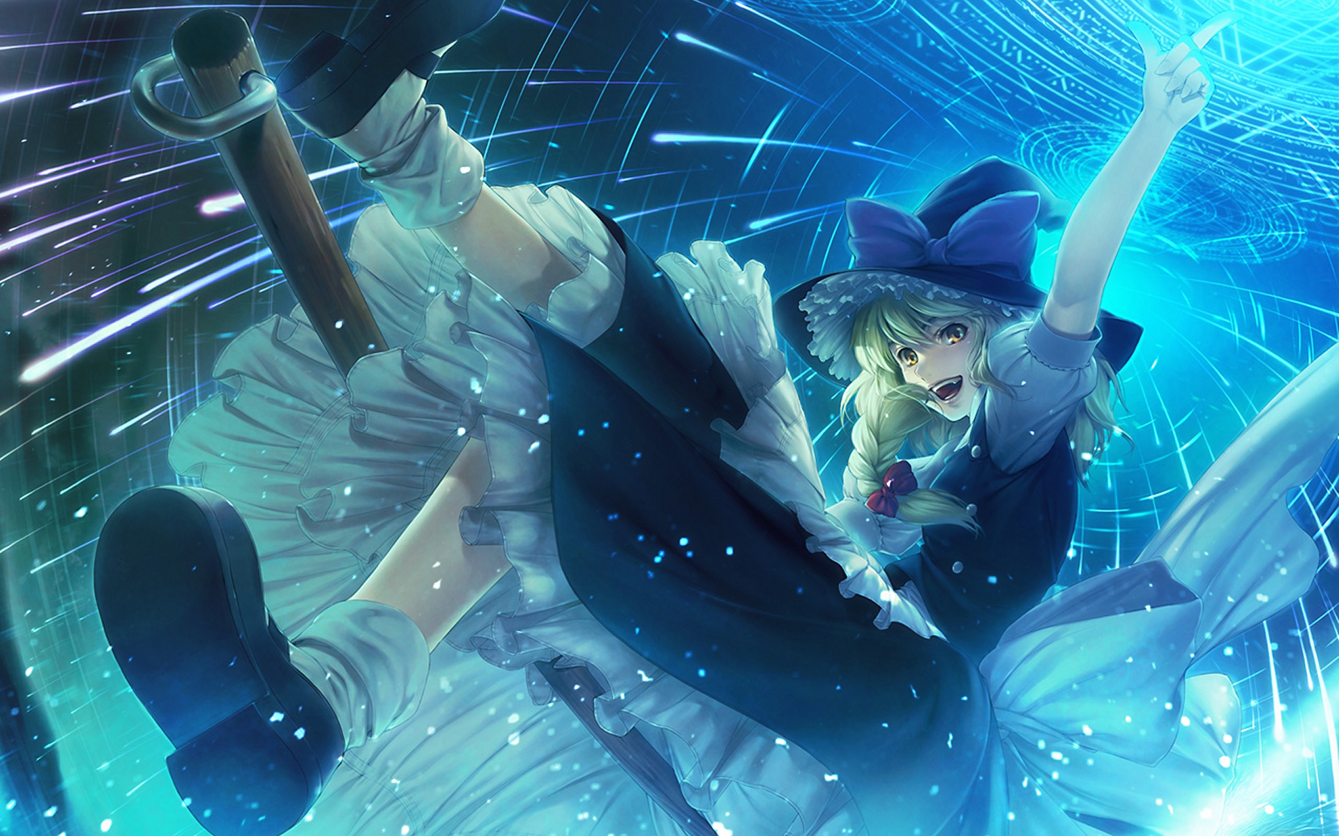 blonde_hair, boots, bow, cyan, dress, hat, kirisame_marisa, long_hair