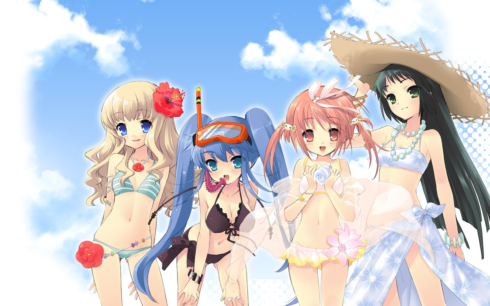akihime_sumomo, bikini, breasts, cleavage, itou_noiji, koiwai_flora, nanatsuiro_drops, navel