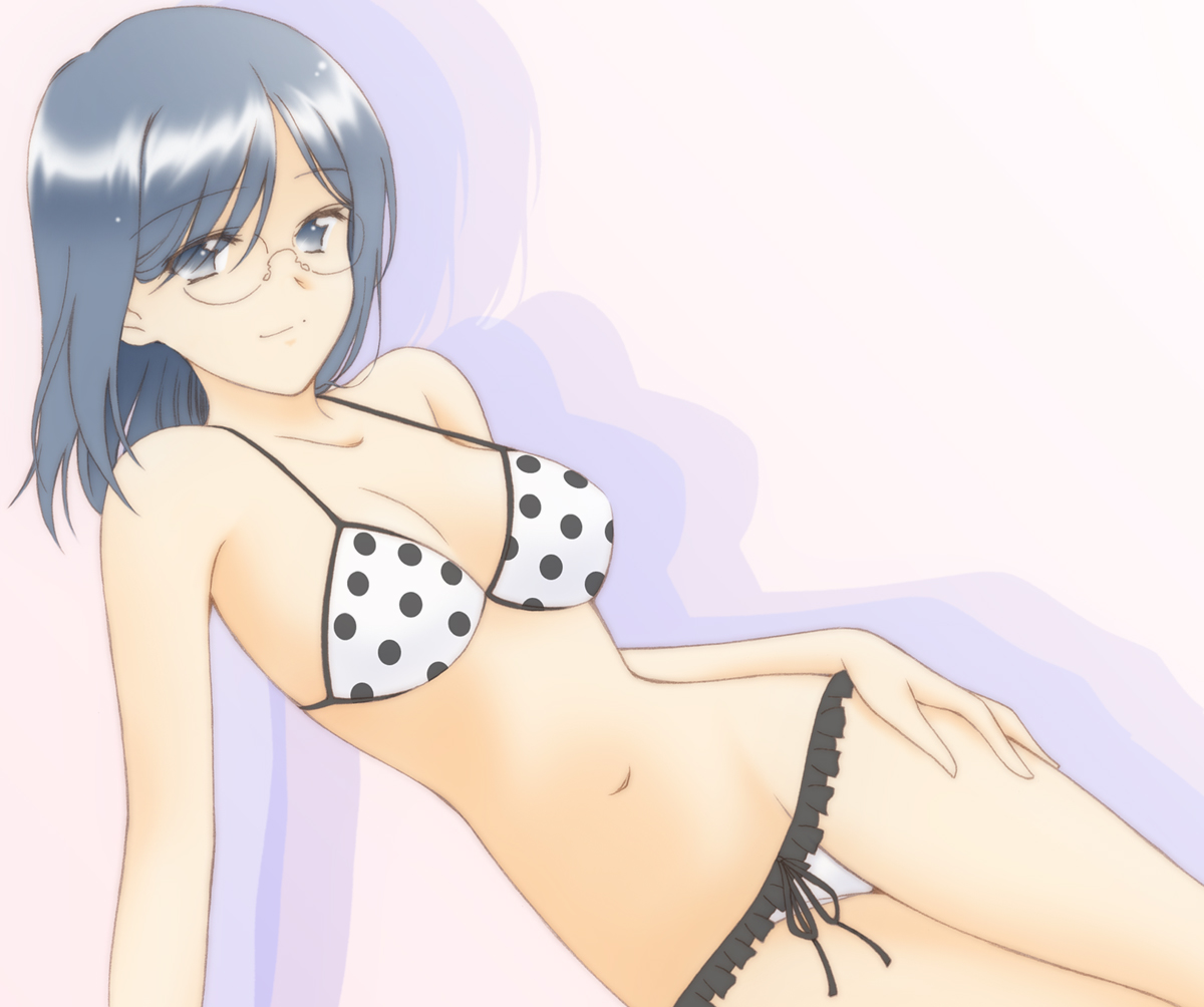 bikini, blue_eyes, blue_hair, breasts, cleavage, glasses, konori_mii, navel