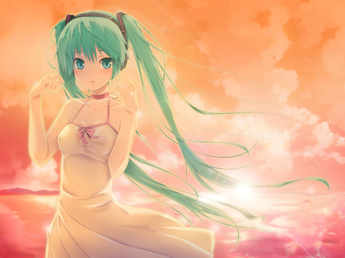 aqua_eyes, aqua_hair, dress, hatsune_miku, sky, summer_dress, twintails, vocaloid, yukinon