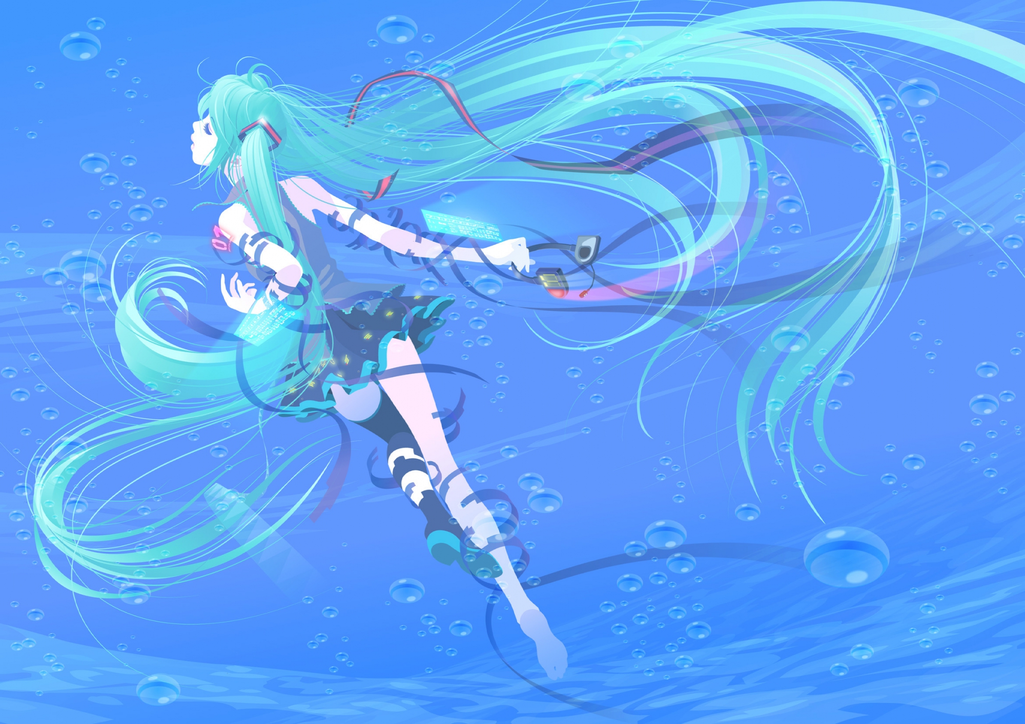 aqua_hair, hata_hata, hatsune_miku, headphones, long_hair, twintails, underwater, vocaloid, water