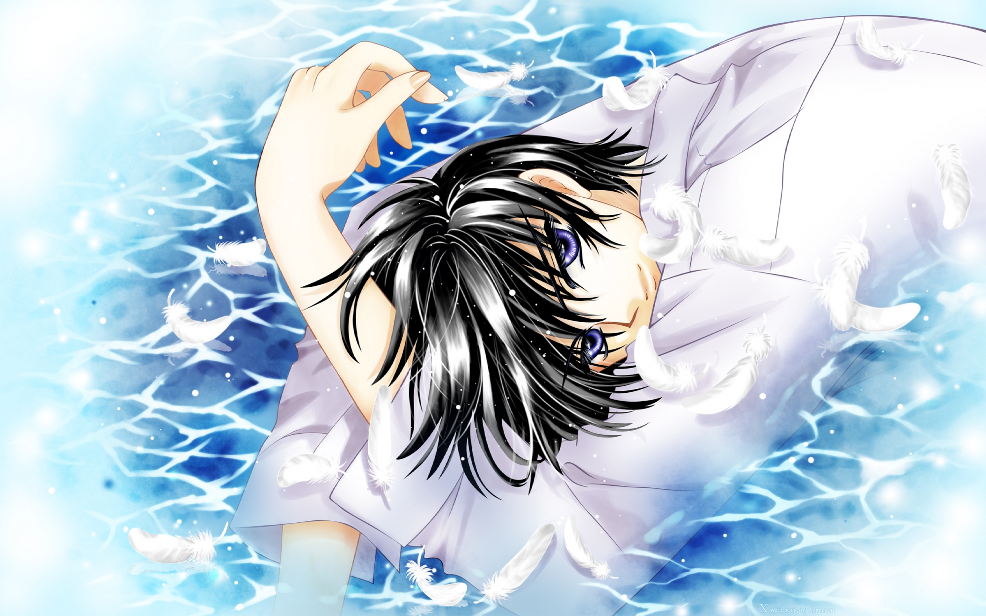 all_male, black_hair, clamp, feathers, male, shirou_kamui, water, x