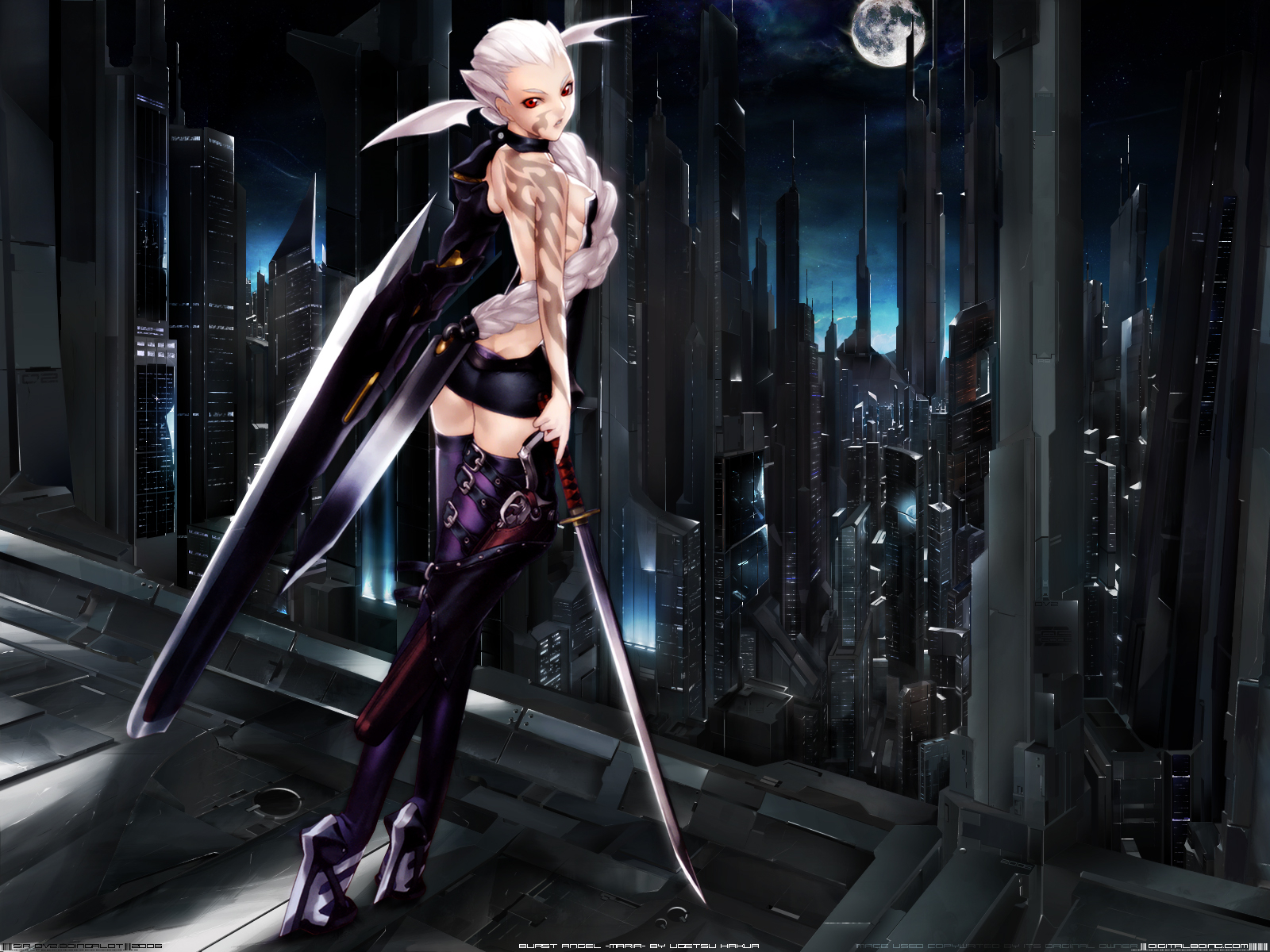 bakuretsu_tenshi, boots, building, city, gun, hakua_ugetsu, katana, maria_(bakuretsu_tenshi), moon, night, red_eyes, sword, tattoo, techgirl, thighhighs, weapon, white_hair