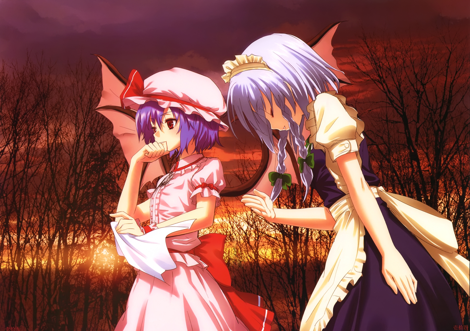 blue_hair, braids, hat, izayoi_sakuya, kamikire_basami, maid, purple_hair, red_eyes, remilia_scarlet, sunset, touhou, vampire, wings, yasuyuki