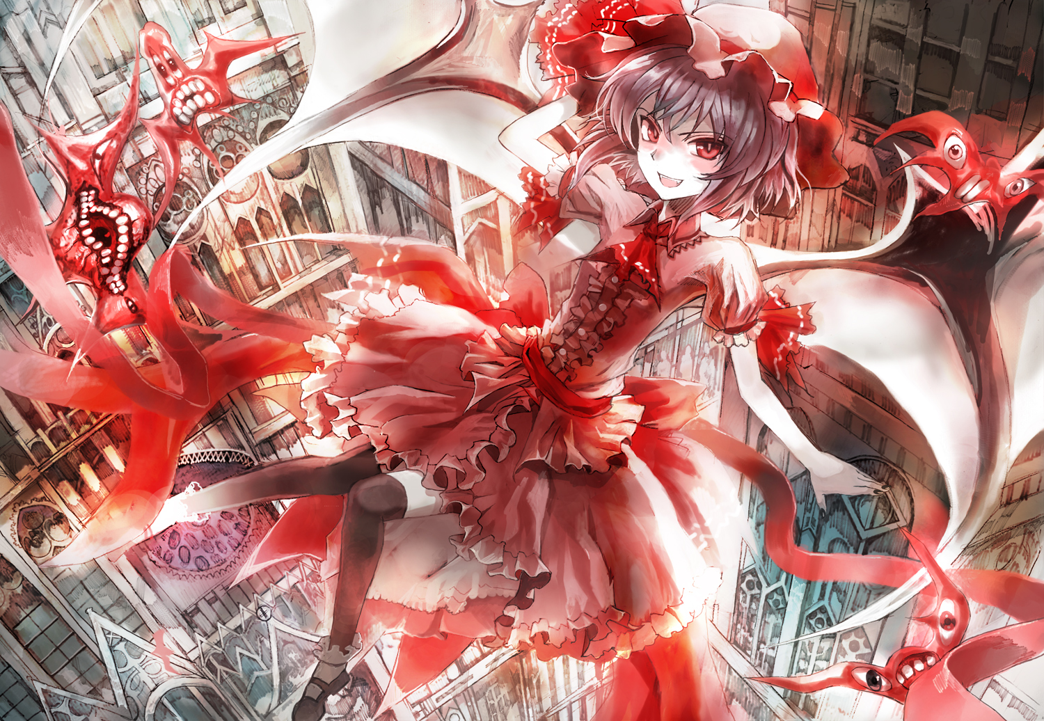 dress, hat, red_eyes, remilia_scarlet, thighhighs, touhou, ultimate_asuka, vampire
