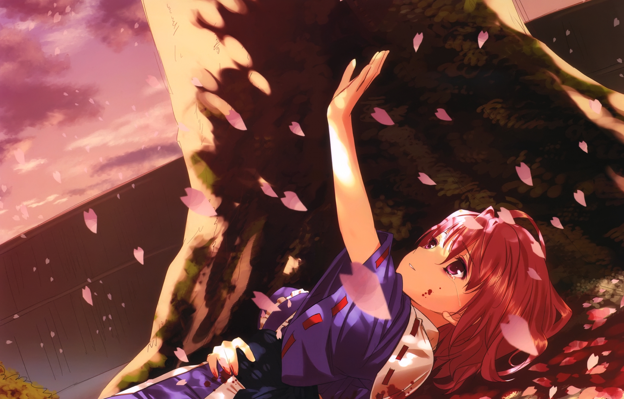 blood, cherry_blossoms, flowers, japanese_clothes, kamikire_basami, petals, pink_hair, red_eyes, saigyouji_yuyuko, saigyouji_yuyuko_(living), scan, short_hair, sunset, tears, touhou, tree, yasuyuki