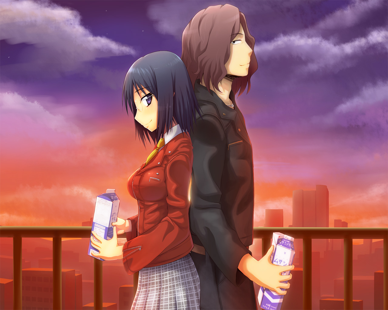 black_hair, brown_hair, building, city, clouds, drink, glasses, konori_mii, kurozuma_wataru, purple_eyes, short_hair, skirt, sky, tie, to_aru_kagaku_no_railgun, to_aru_majutsu_no_index