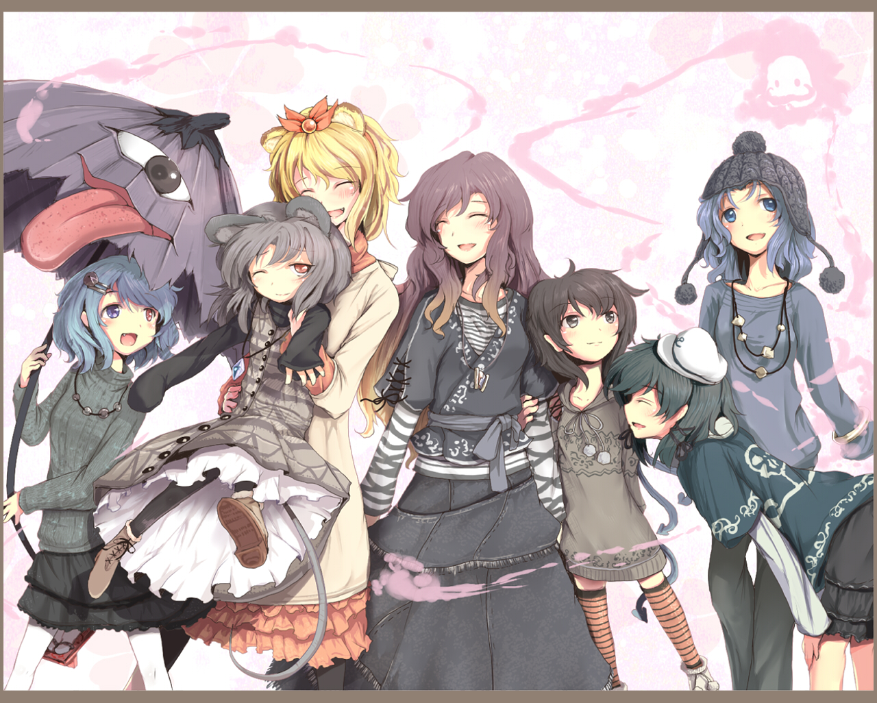 animal_ears, bicolored_eyes, black_eyes, black_hair, blonde_hair, blue_eyes, blue_hair, blush