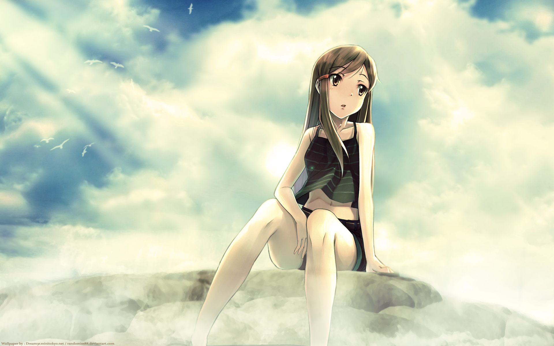 animal, bird, brown_hair, clouds, higashi_no_eden, randomiss88, sky, watermark