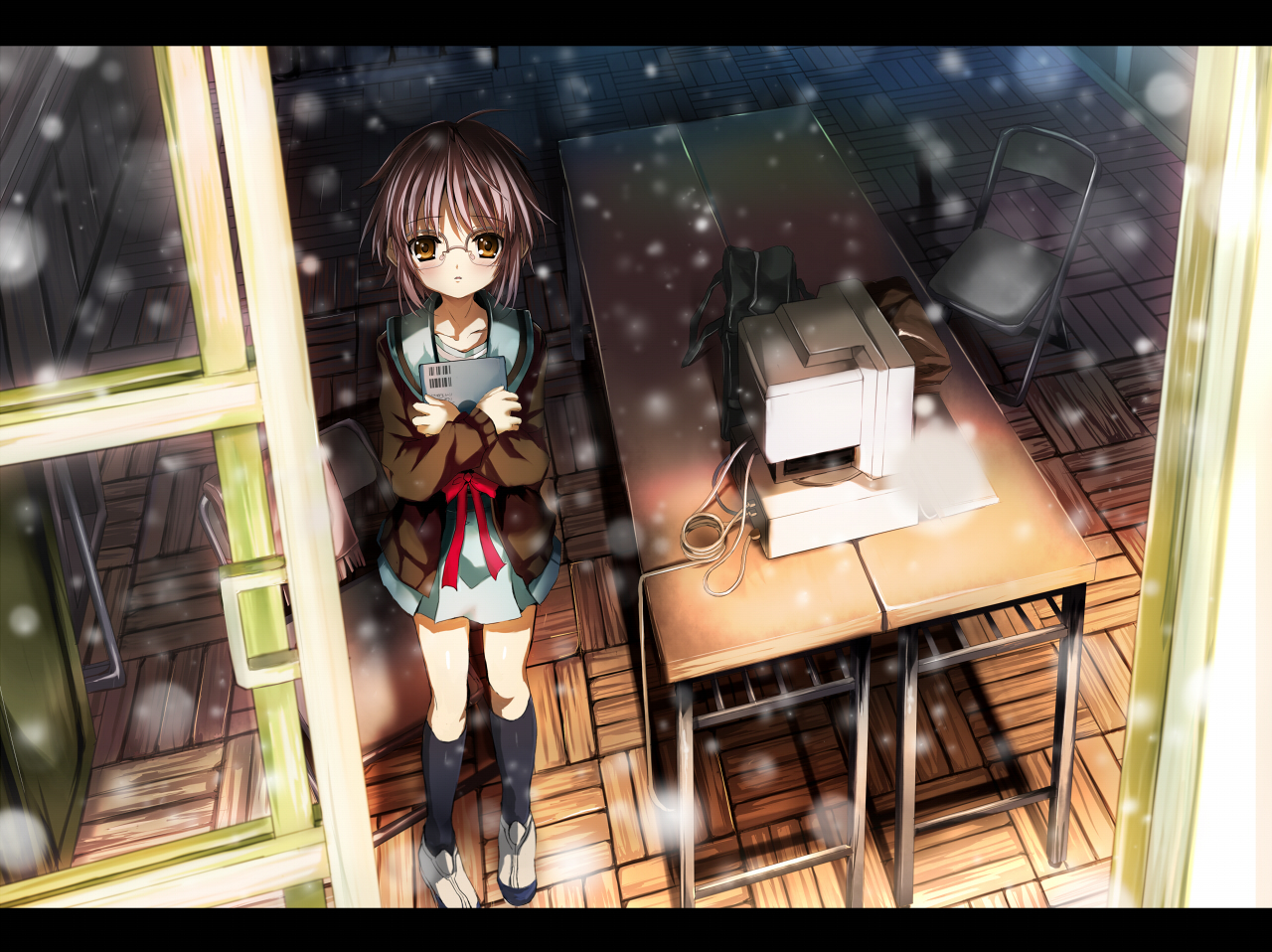 computer, glasses, gray_hair, nagato_yuki, school_uniform, shino_(eefy), short_hair, snow